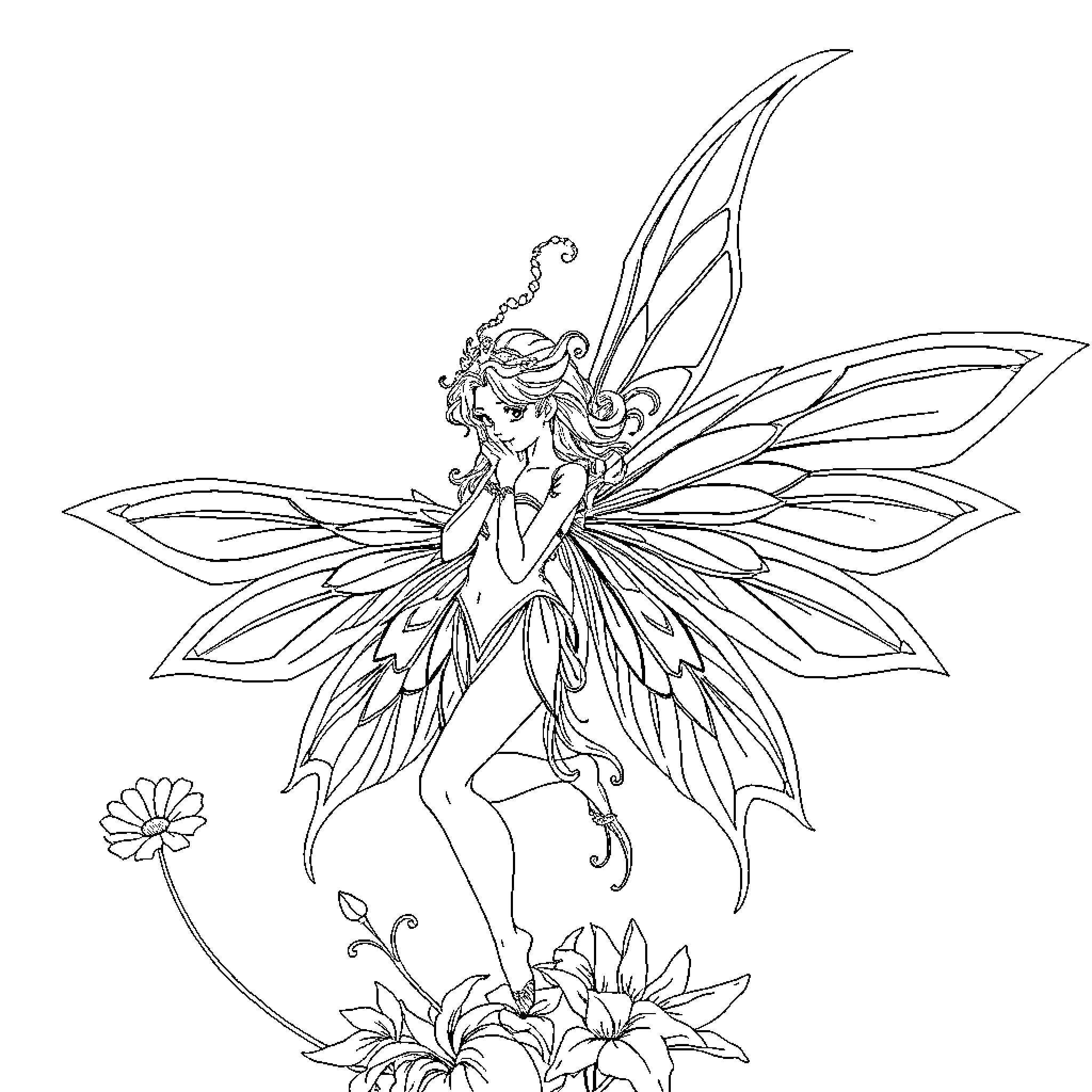 Fairy gracefully dancing among flowers Coloring Page (free black-and-white line drawing printable PDF for all, from beginners to advanced learners, including children, teens, adults, and seniors)