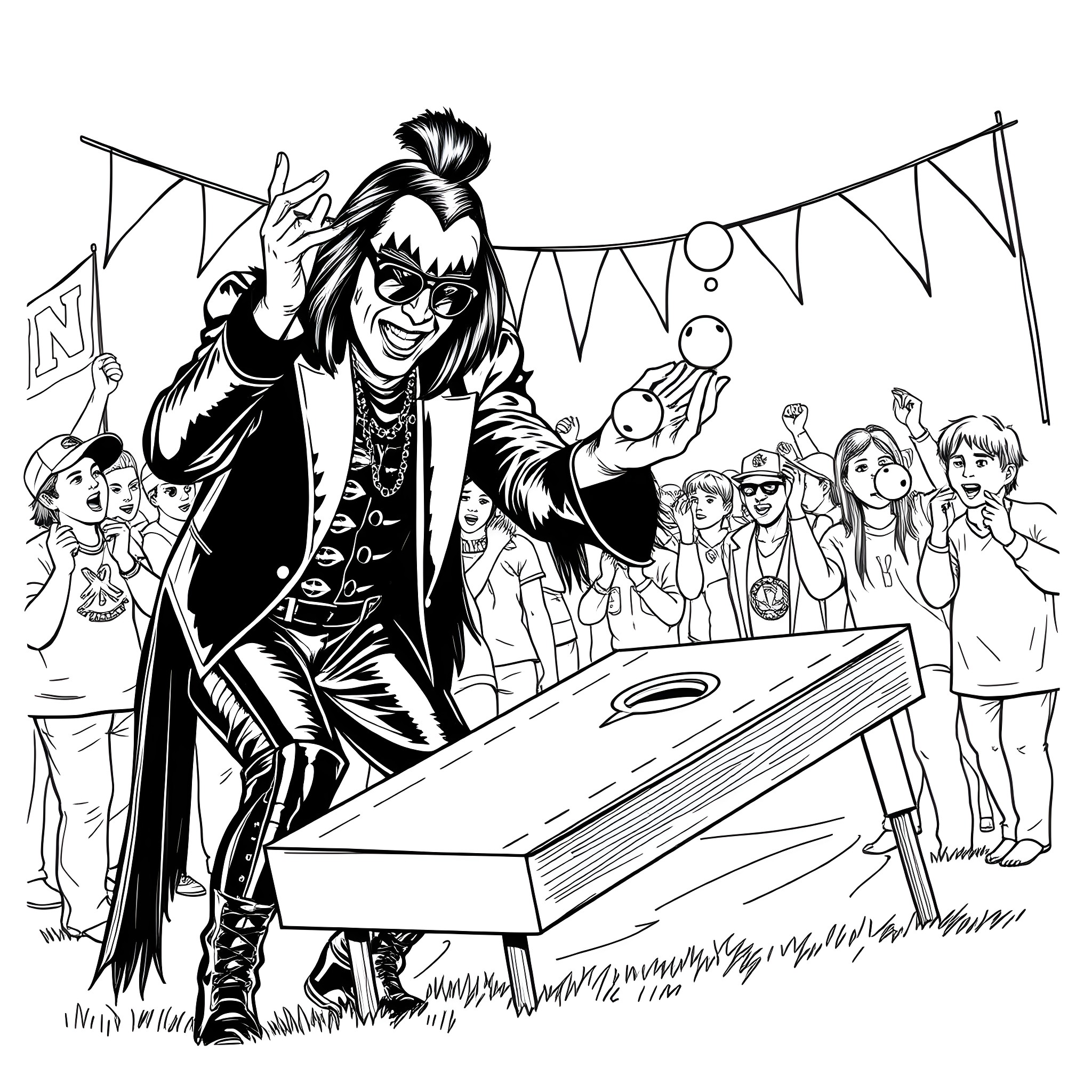 Gene Simmons Performing Live on Stage with Fans Coloring Page (free black-and-white line drawing printable PDF for all, from beginners to advanced learners, including children, teens, adults, and seniors)