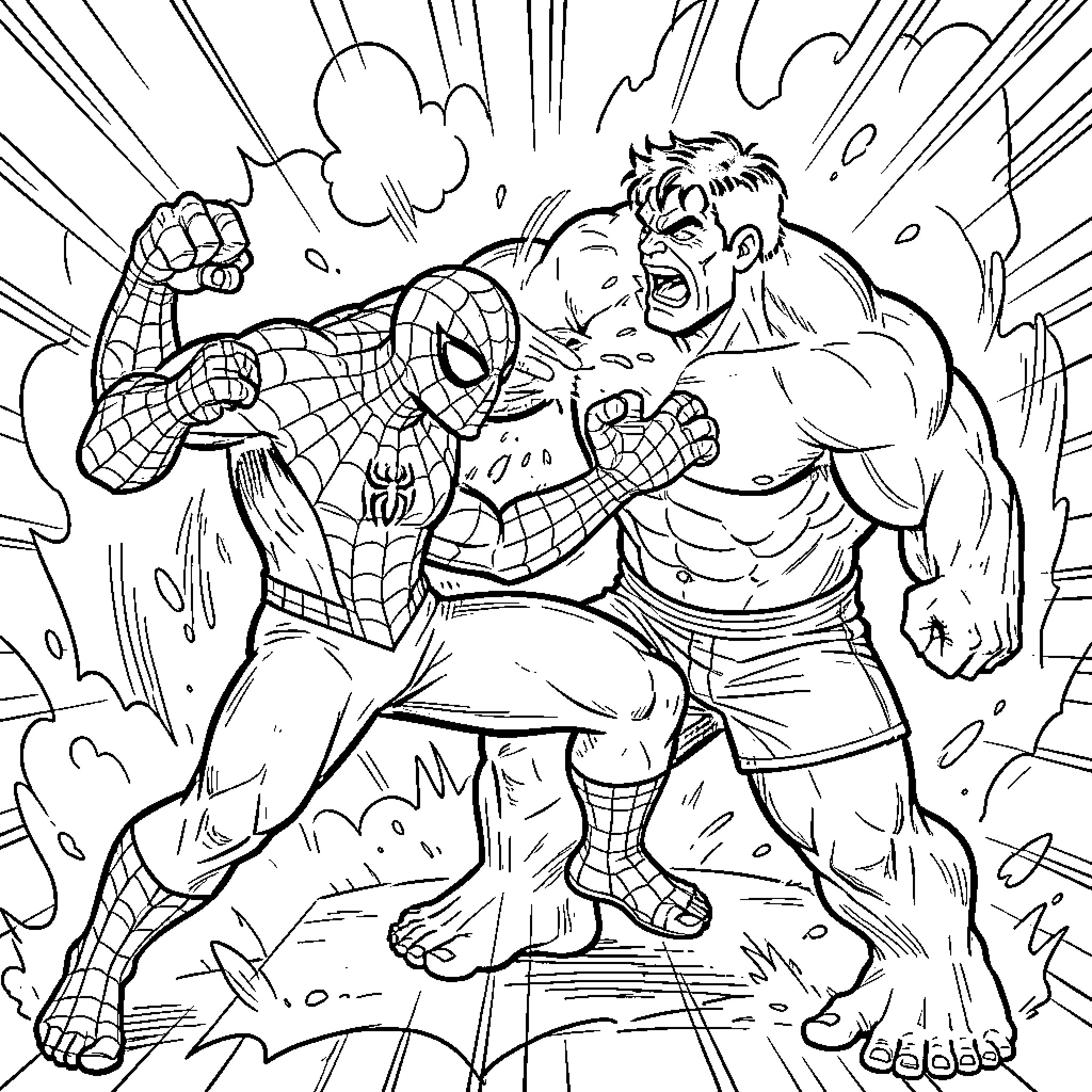 Spiderman fighting a muscular giant in a battle Coloring Page (free black-and-white line drawing printable PDF for all, from beginners to advanced learners, including children, teens, adults, and seniors)