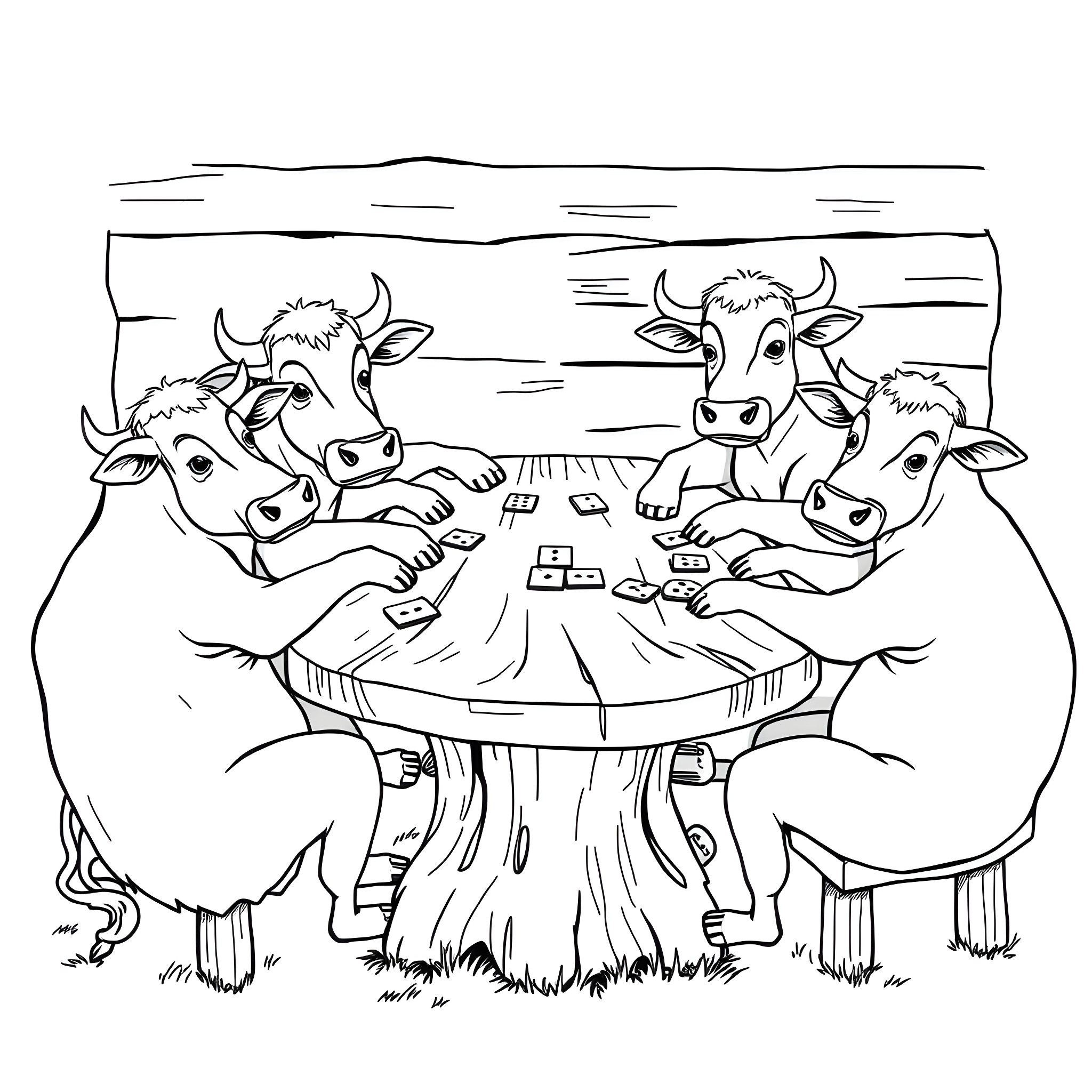 Cows grazing around a tree stump Coloring Page (free black-and-white line drawing printable PDF for all, from beginners to advanced learners, including children, teens, adults, and seniors)