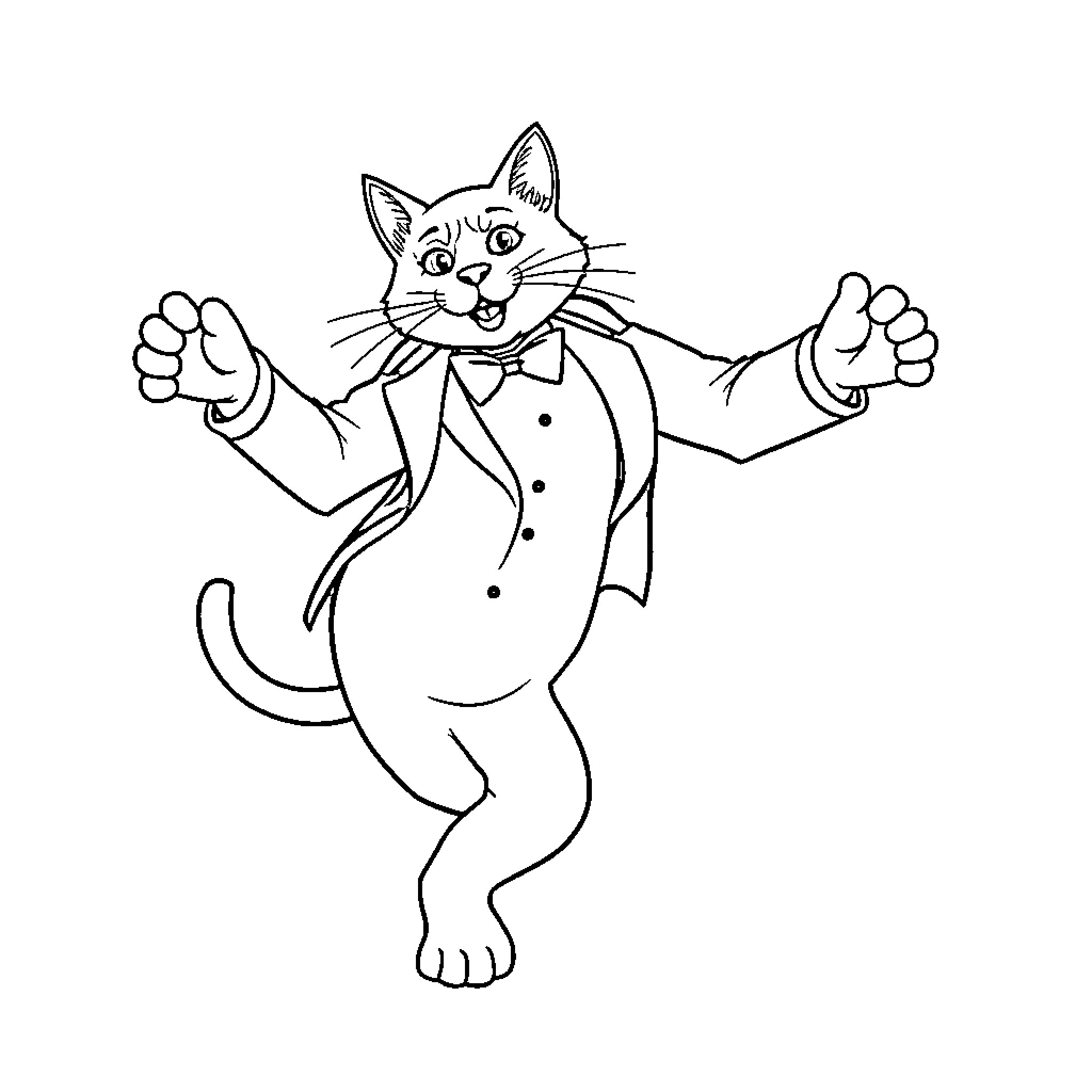 Cat dressed in formal attire performing dance moves Coloring Page (free black-and-white line drawing printable PDF for all, from beginners to advanced learners, including children, teens, adults, and seniors)