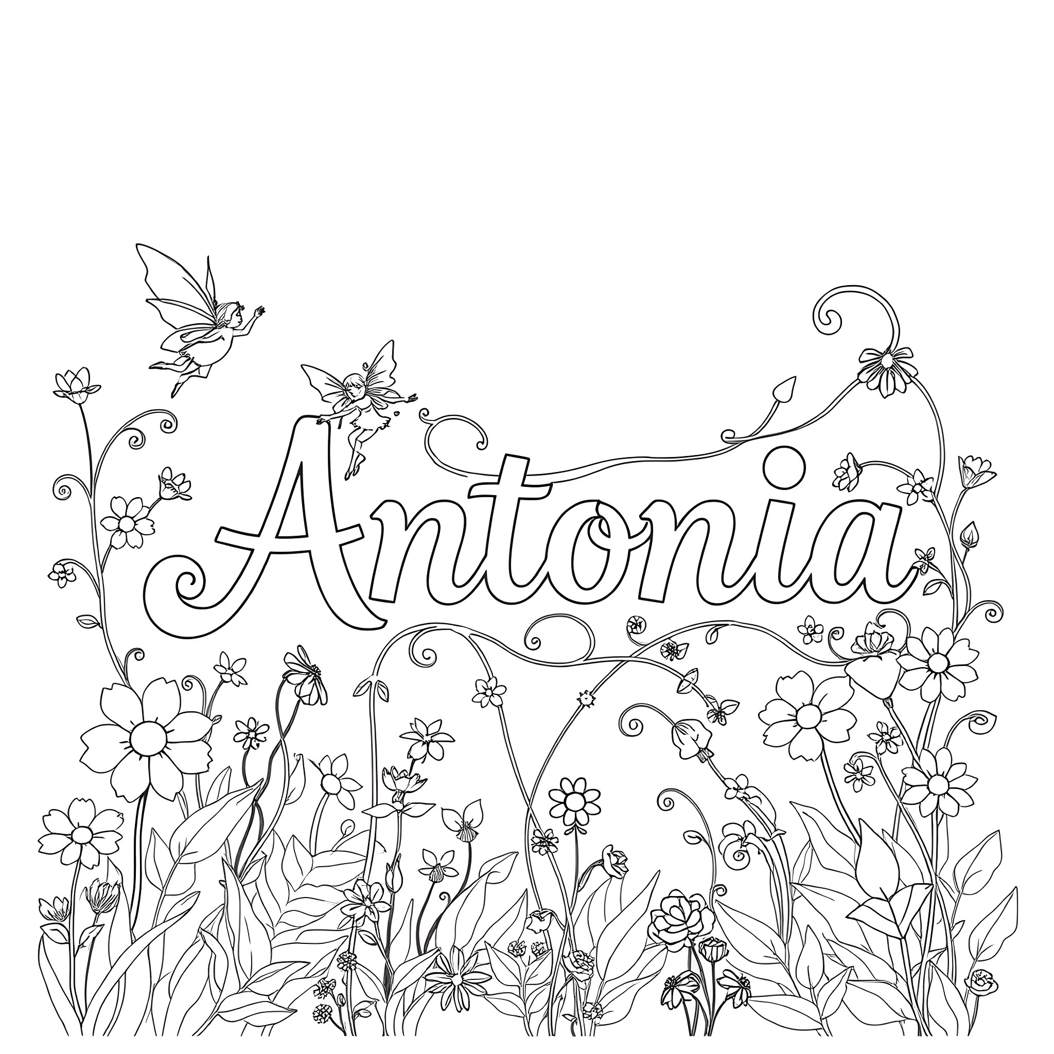 Fairy garden with playful fairies and flowers Coloring Page (free black-and-white line drawing printable PDF for all, from beginners to advanced learners, including children, teens, adults, and seniors)