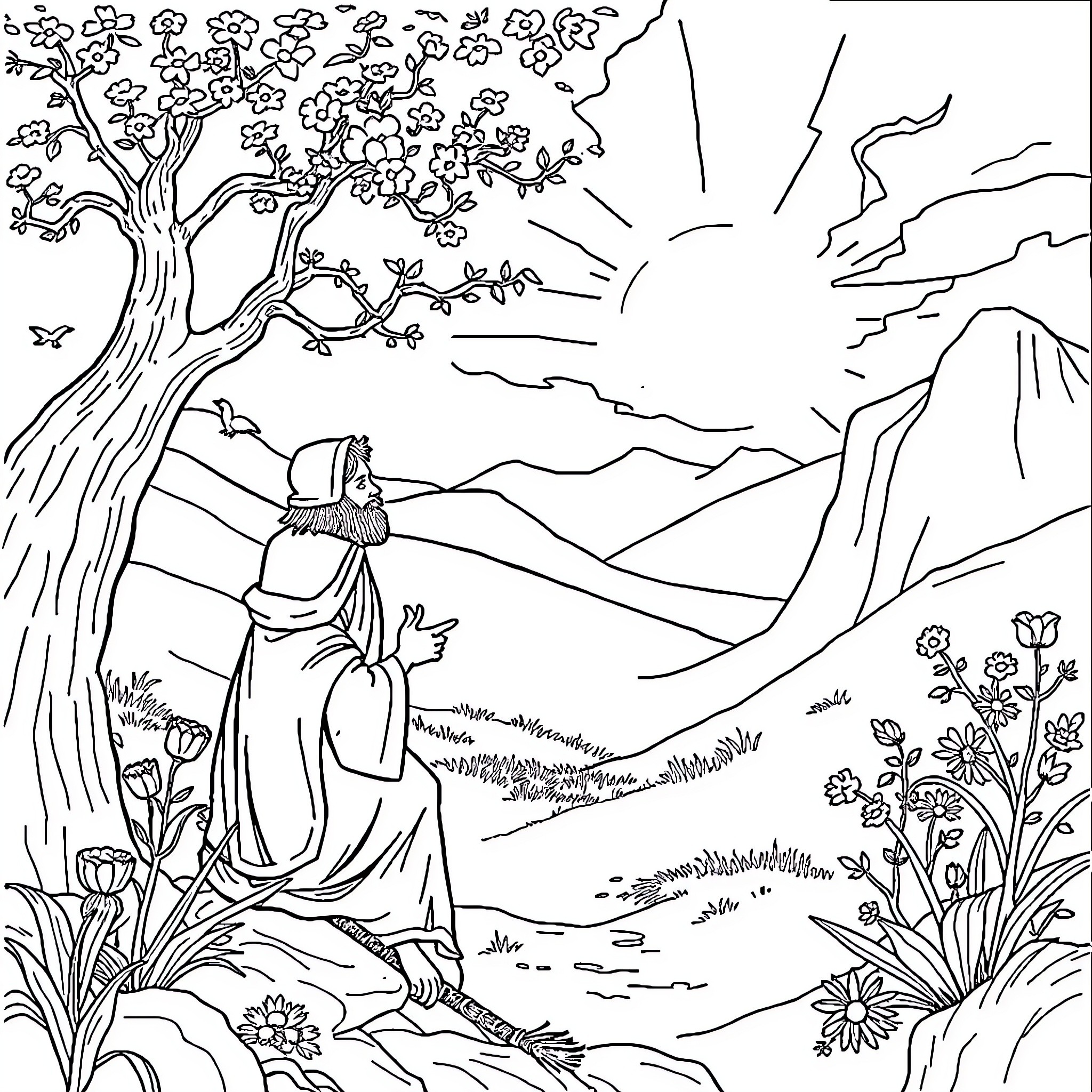 Titus Appreciates the Tranquil Countryside Coloring Page (free black-and-white line drawing printable PDF for all, from beginners to advanced learners, including children, teens, adults, and seniors)