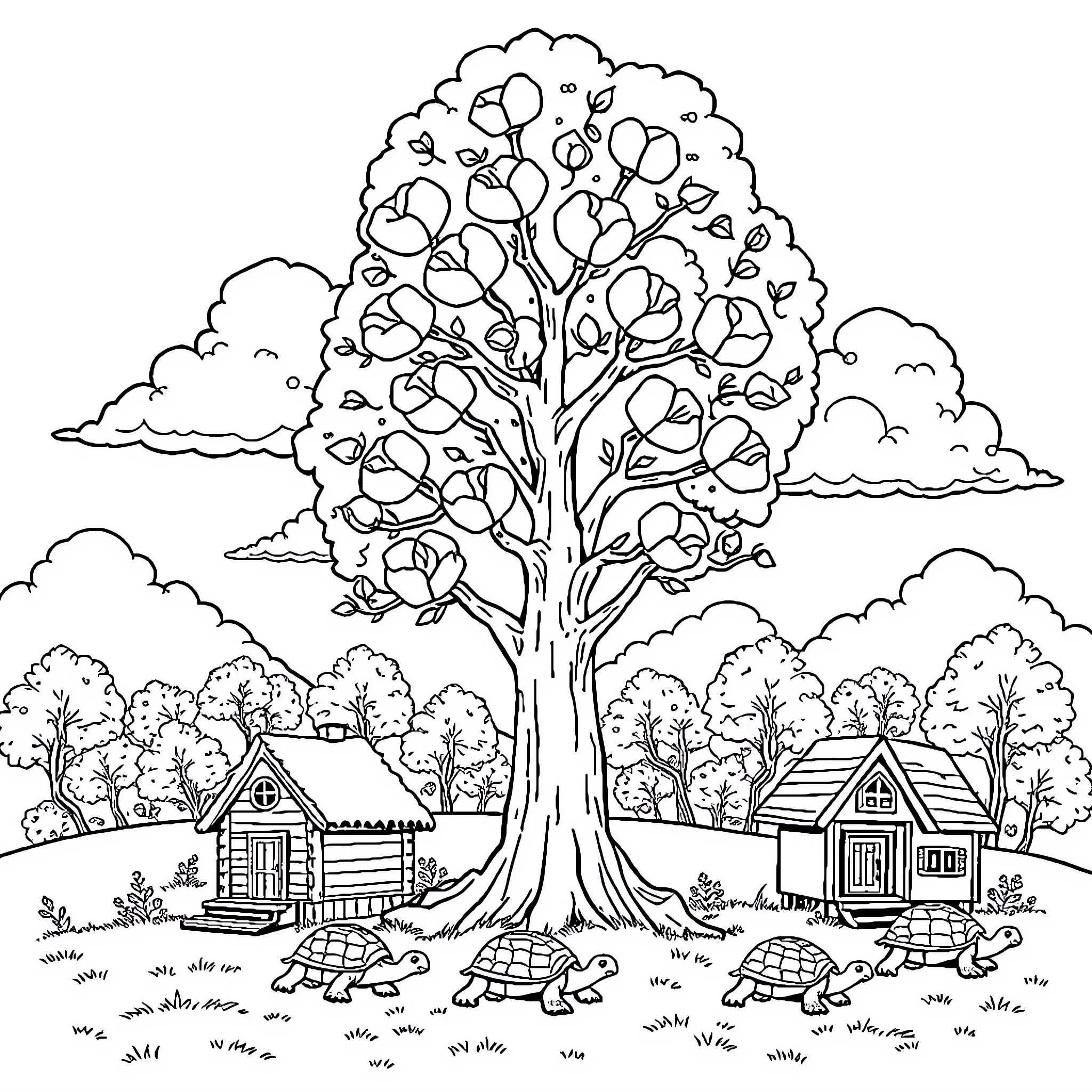 Tree with Whimsical Branches and Cottage Scenery Coloring Page (free black-and-white line drawing printable PDF for all, from beginners to advanced learners, including children, teens, adults, and seniors)