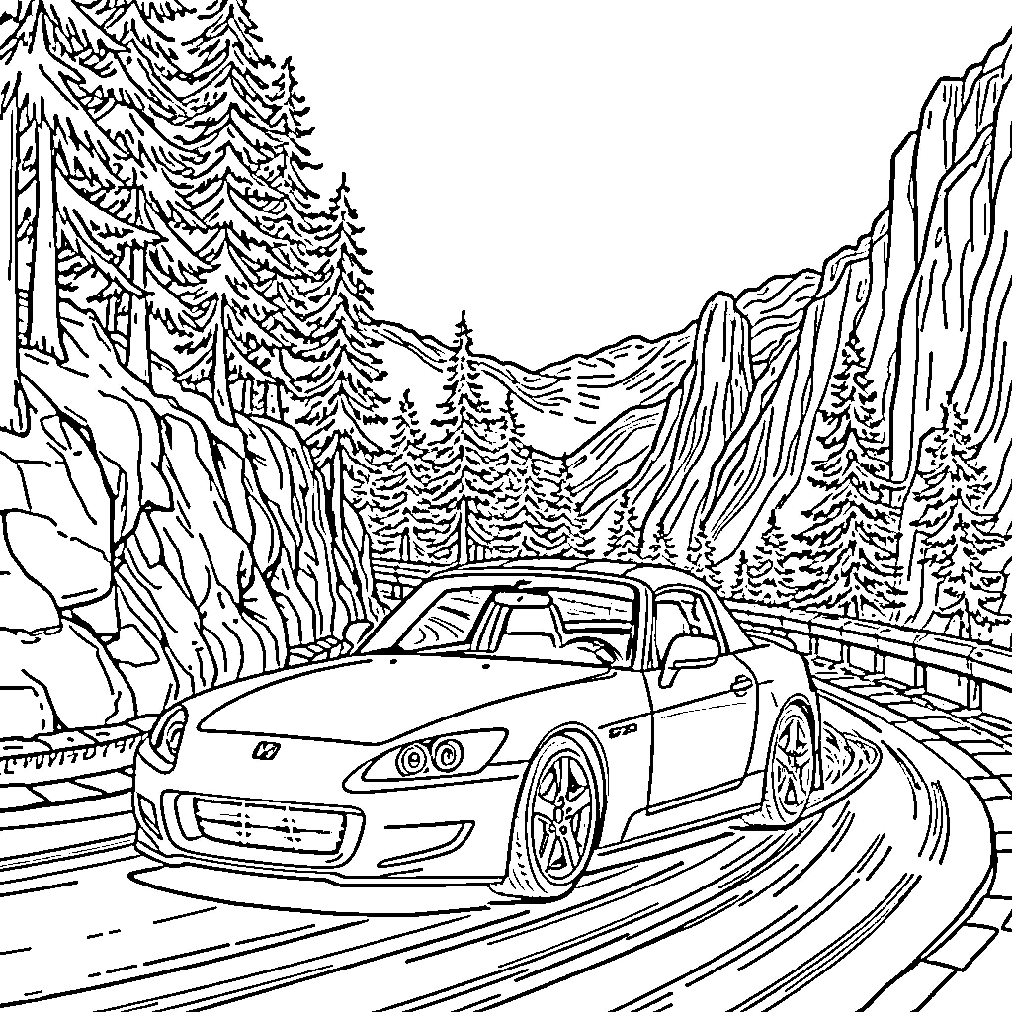 Honda S2000 sports car driving on scenic mountain road Coloring Page (free black-and-white line drawing printable PDF for all, from beginners to advanced learners, including children, teens, adults, and seniors)