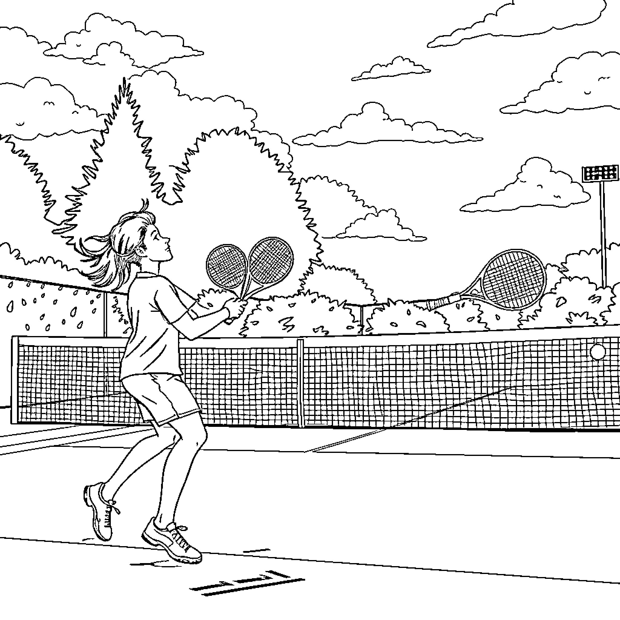 Superhero Tennis Player Battling on the Court Coloring Page (free black-and-white line drawing printable PDF for all, from beginners to advanced learners, including children, teens, adults, and seniors)