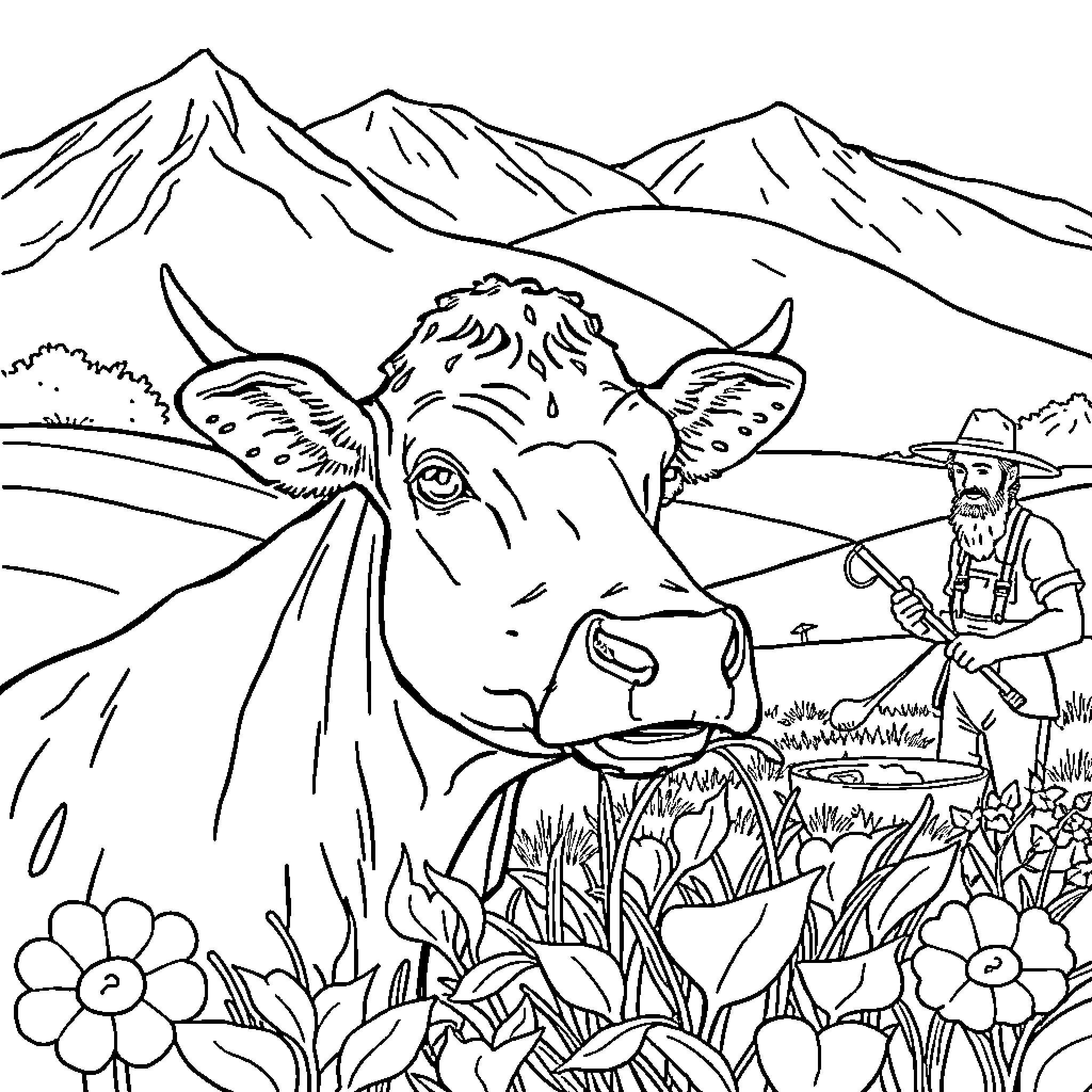 Vache in the Mountainous Countryside with Farmer Coloring Page (free black-and-white line drawing printable PDF for all, from beginners to advanced learners, including children, teens, adults, and seniors)