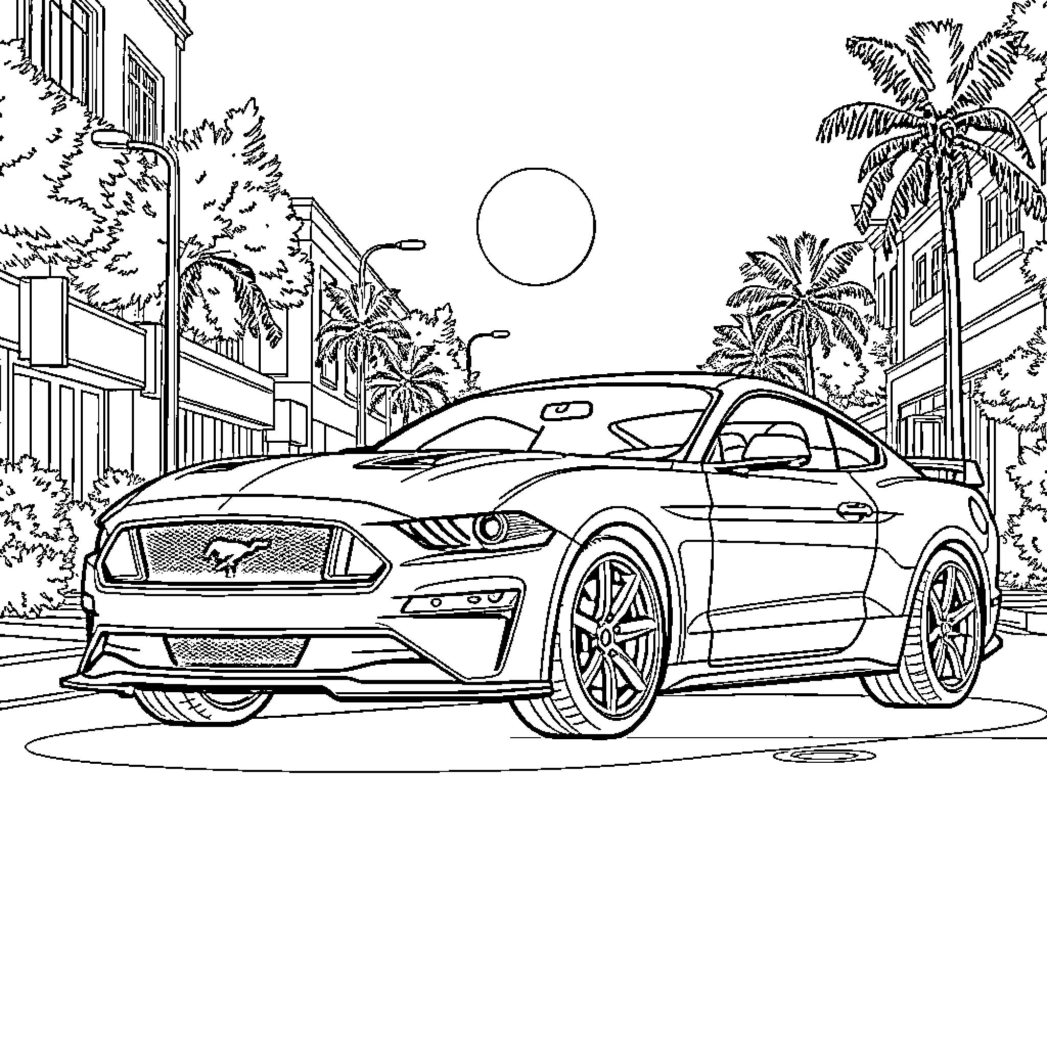 Ford Mustang sports car on a tropical street Coloring Page (free black-and-white line drawing printable PDF for all, from beginners to advanced learners, including children, teens, adults, and seniors)