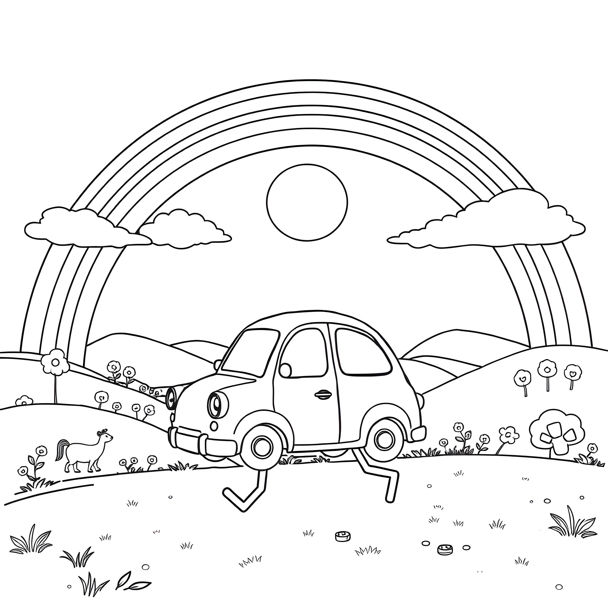 Car driving in countryside landscape with rainbow Coloring Page (free black-and-white line drawing printable PDF for all, from beginners to advanced learners, including children, teens, adults, and seniors)