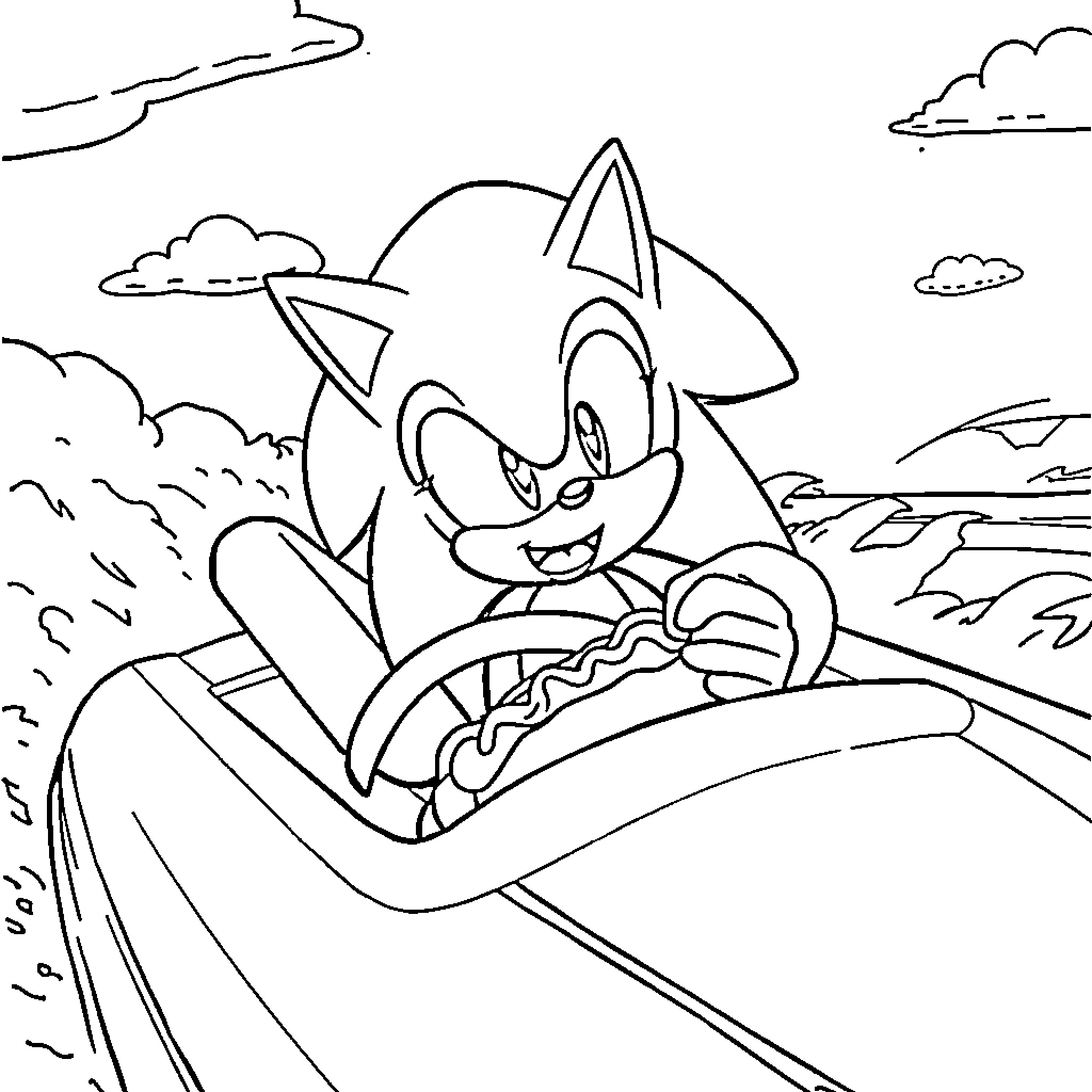 Sonic racing through the scenic landscape Coloring Page (free black-and-white line drawing printable PDF for all, from beginners to advanced learners, including children, teens, adults, and seniors)