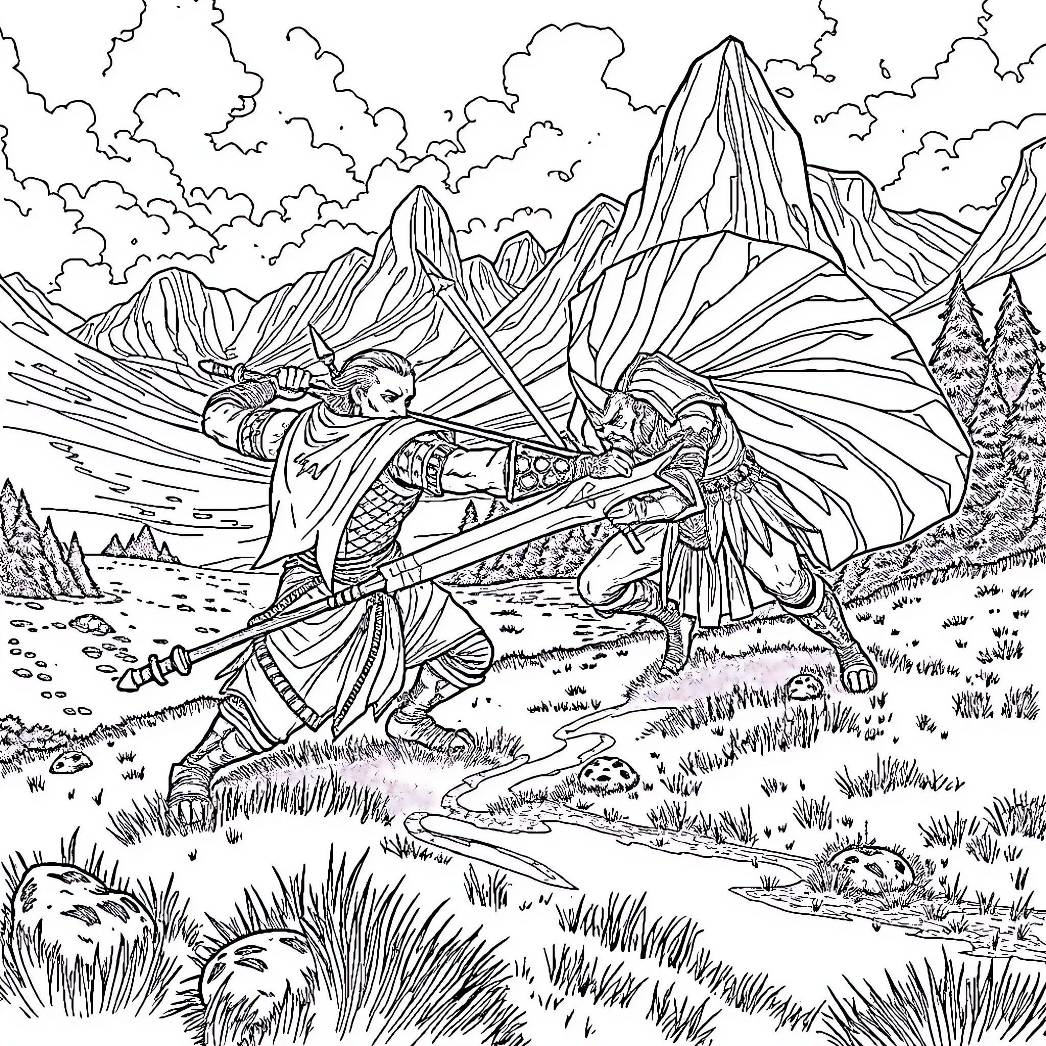 Ushoran's Dueling Warriors in Epic Mountain Landscape Coloring Page (free black-and-white line drawing printable PDF for all, from beginners to advanced learners, including children, teens, adults, and seniors)