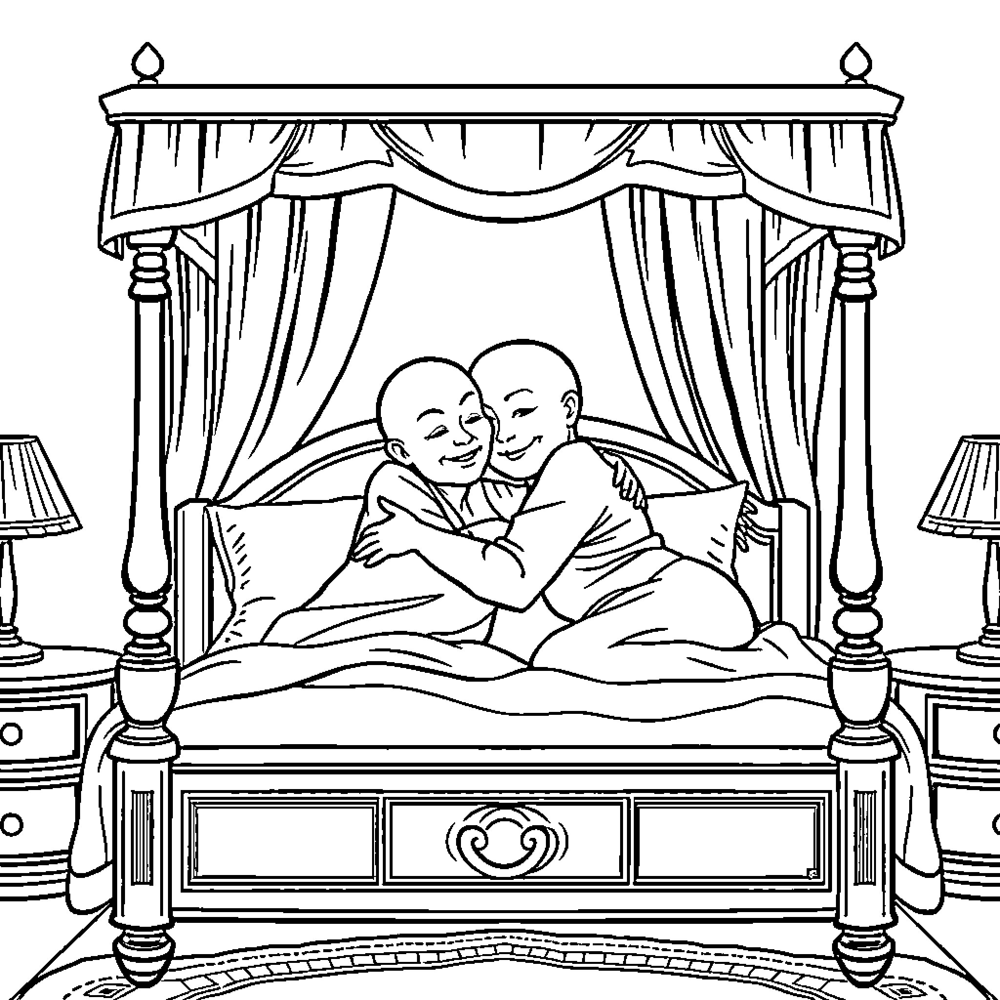 Lady embracing in a luxurious bedchamber Coloring Page (free black-and-white line drawing printable PDF for all, from beginners to advanced learners, including children, teens, adults, and seniors)
