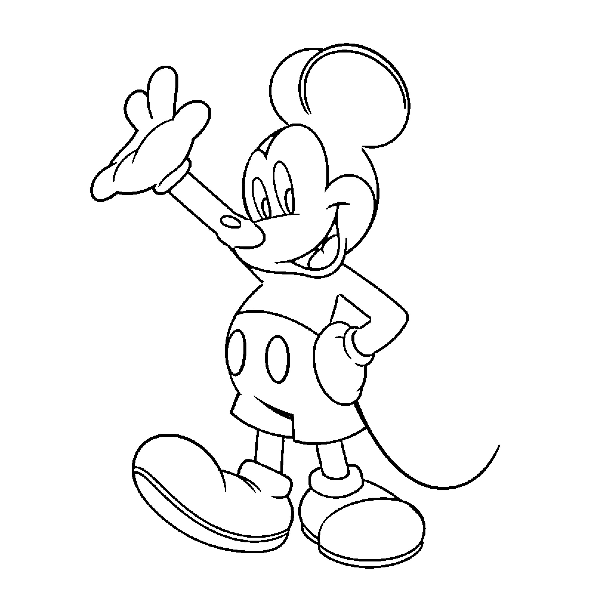 Mickey Mouse in a cheerful pose Coloring Page (free black-and-white line drawing printable PDF for all, from beginners to advanced learners, including children, teens, adults, and seniors)