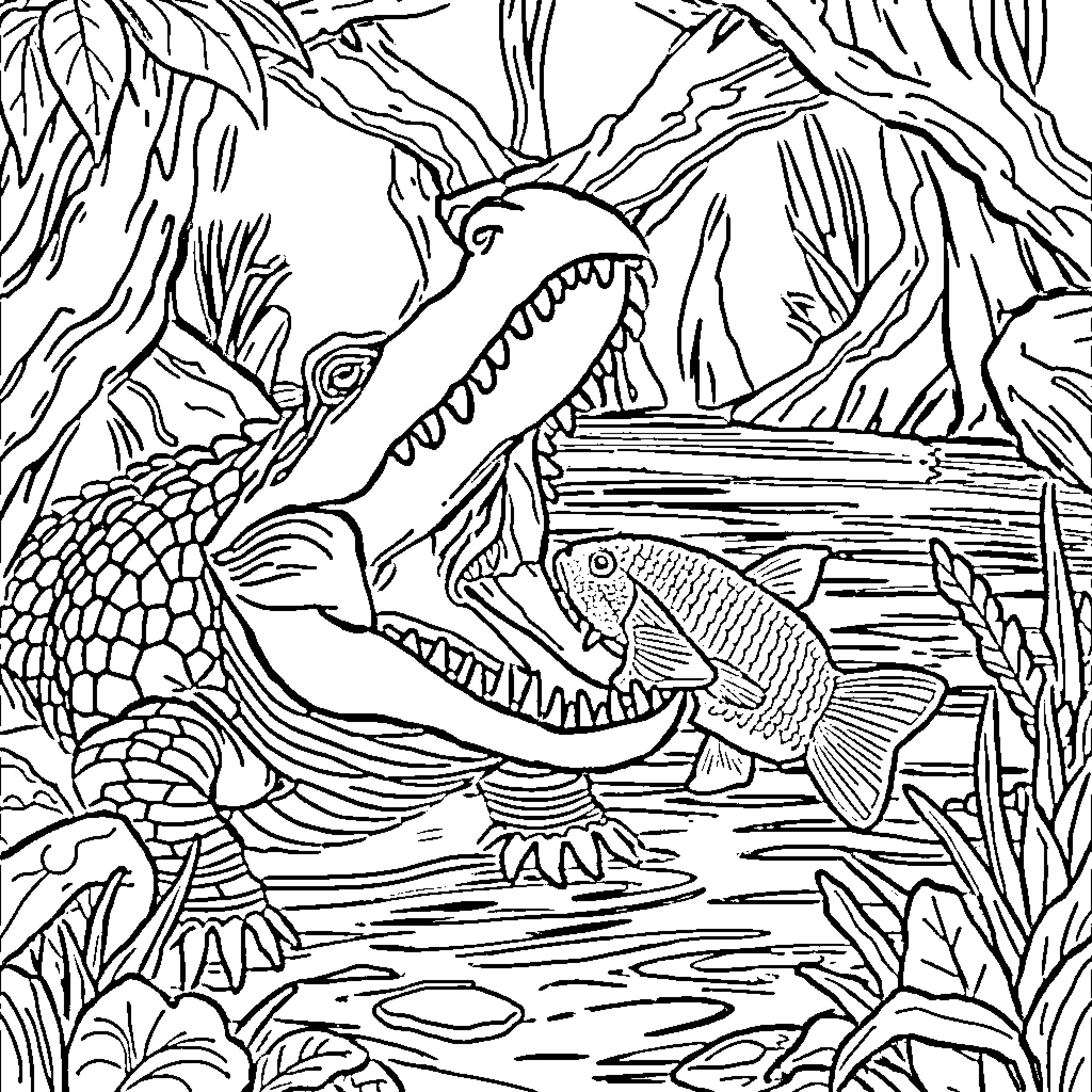 Crocodile Hunting for Fish in Tropical Jungle Coloring Page (free black-and-white line drawing printable PDF for all, from beginners to advanced learners, including children, teens, adults, and seniors)