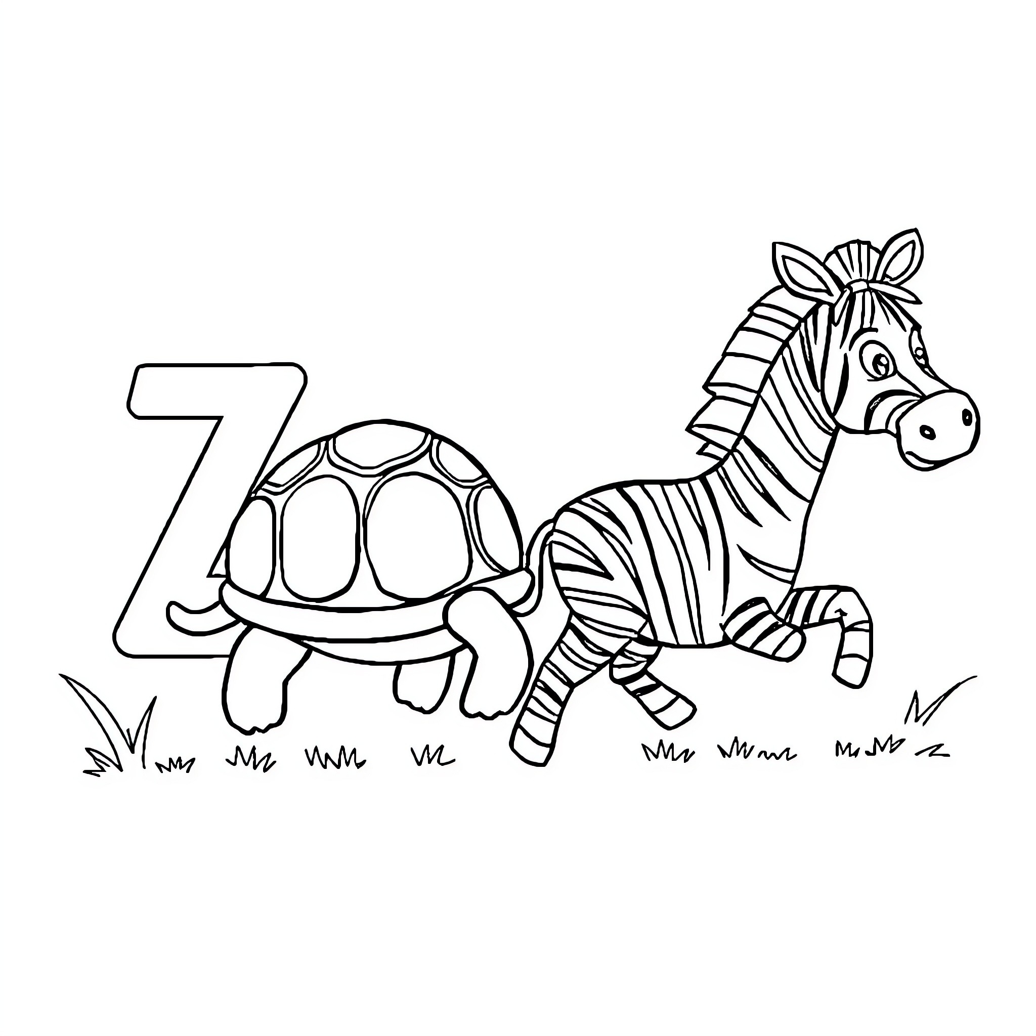 Turtle and Zebra playing together on grassy field Coloring Page (free black-and-white line drawing printable PDF for all, from beginners to advanced learners, including children, teens, adults, and seniors)