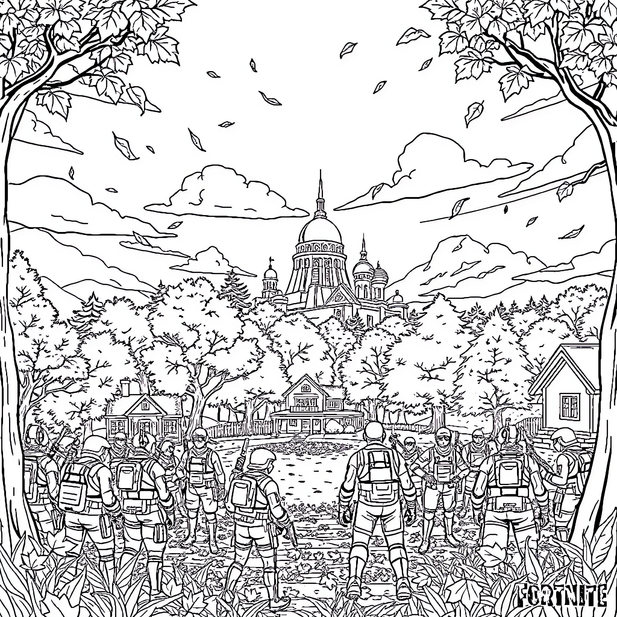 Fortnite characters exploring a fantasy landscape Coloring Page (free black-and-white line drawing printable PDF for all, from beginners to advanced learners, including children, teens, adults, and seniors)