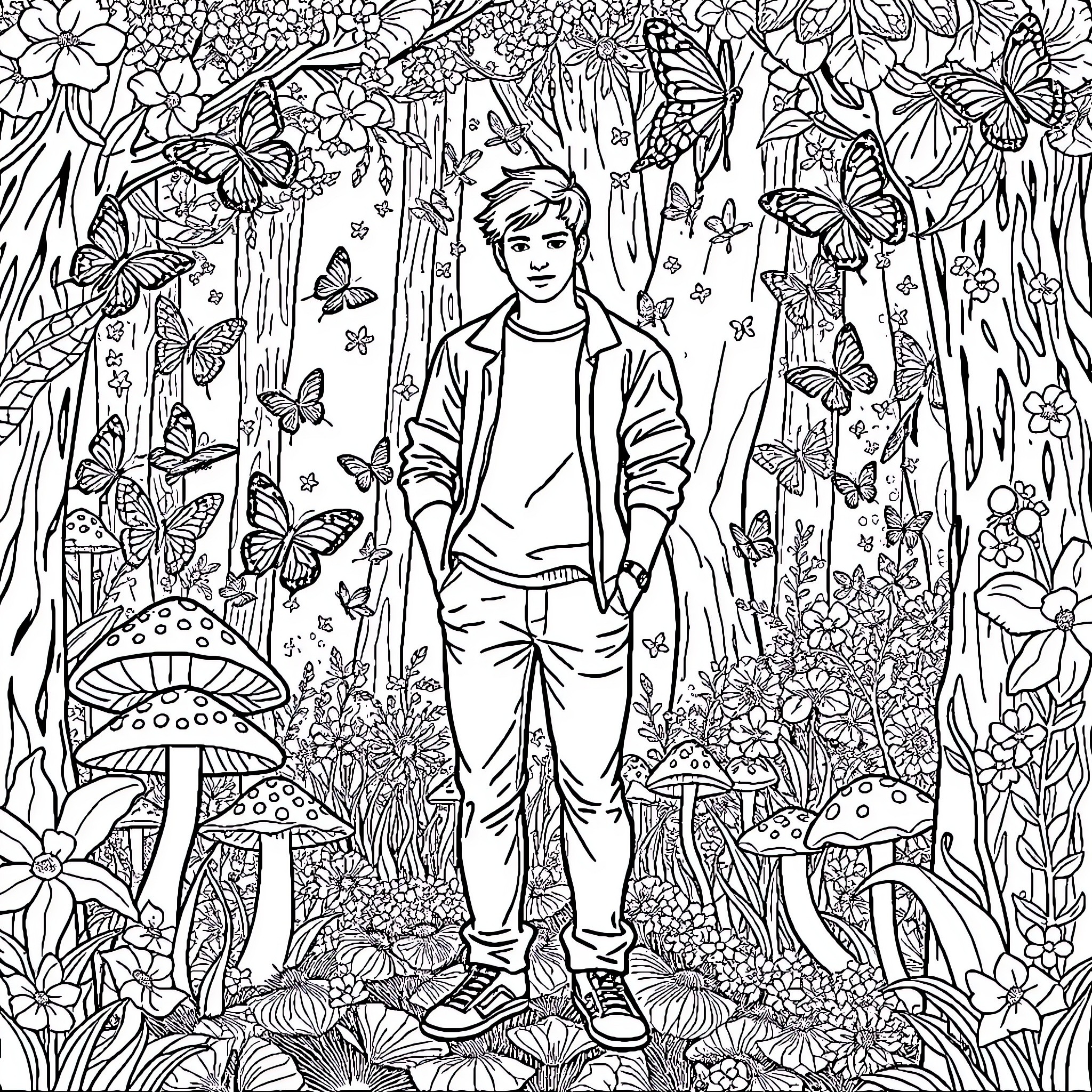 Adult standing amidst whimsical floral scenery Coloring Page (free black-and-white line drawing printable PDF for all, from beginners to advanced learners, including children, teens, adults, and seniors)