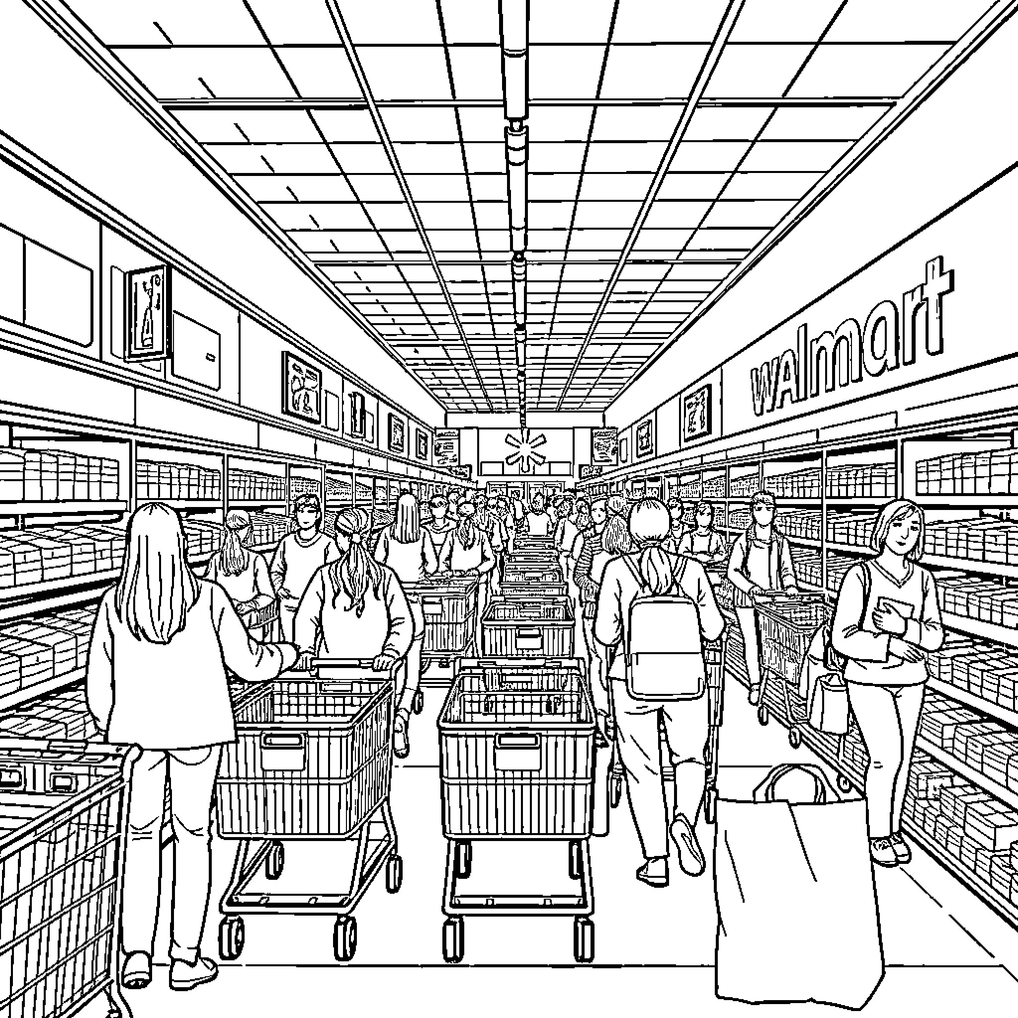Walmart store with busy shoppers and carts Coloring Page (free black-and-white line drawing printable PDF for all, from beginners to advanced learners, including children, teens, adults, and seniors)