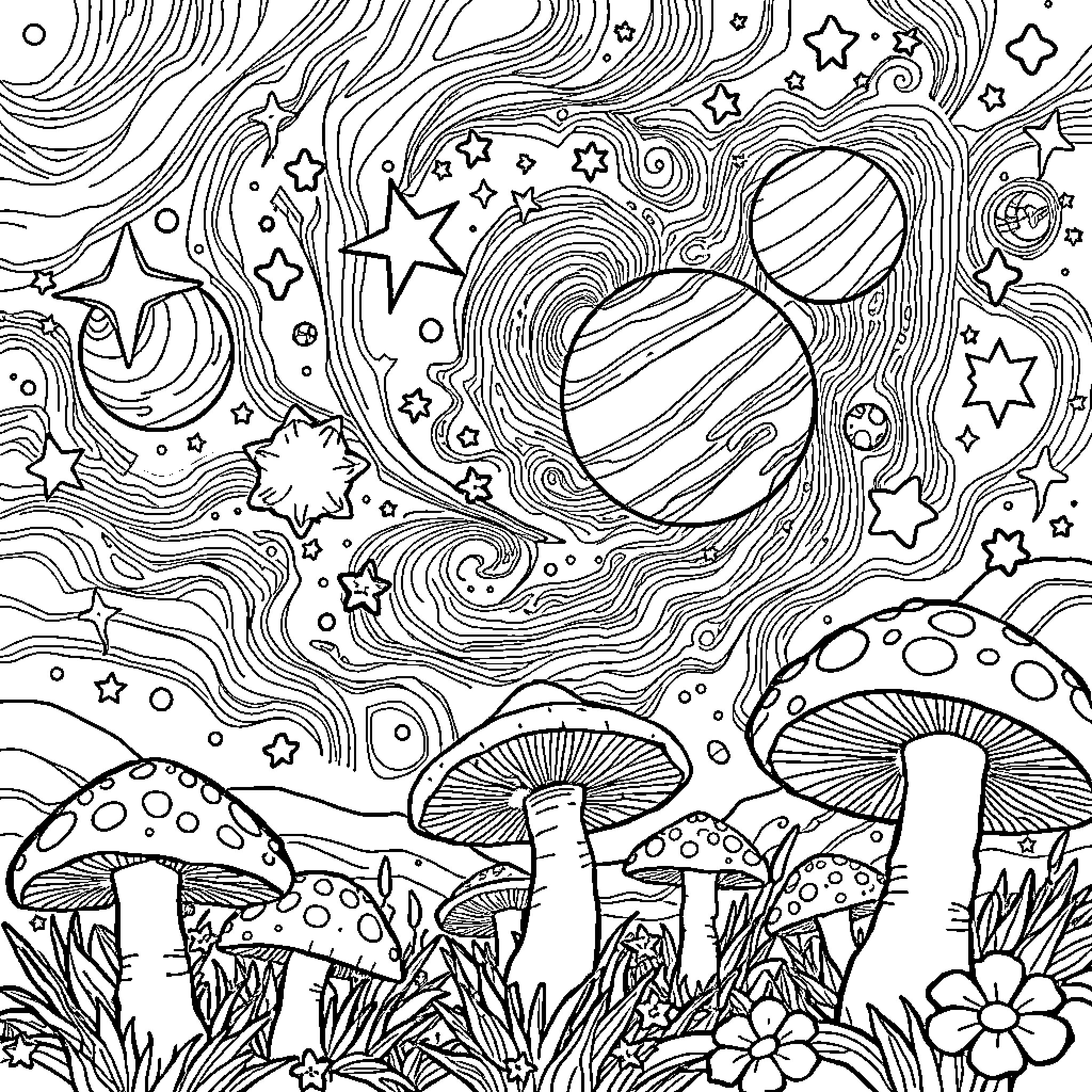 Star-Filled Cosmic Adventure Coloring Page (free black-and-white line drawing printable PDF for all, from beginners to advanced learners, including children, teens, adults, and seniors)