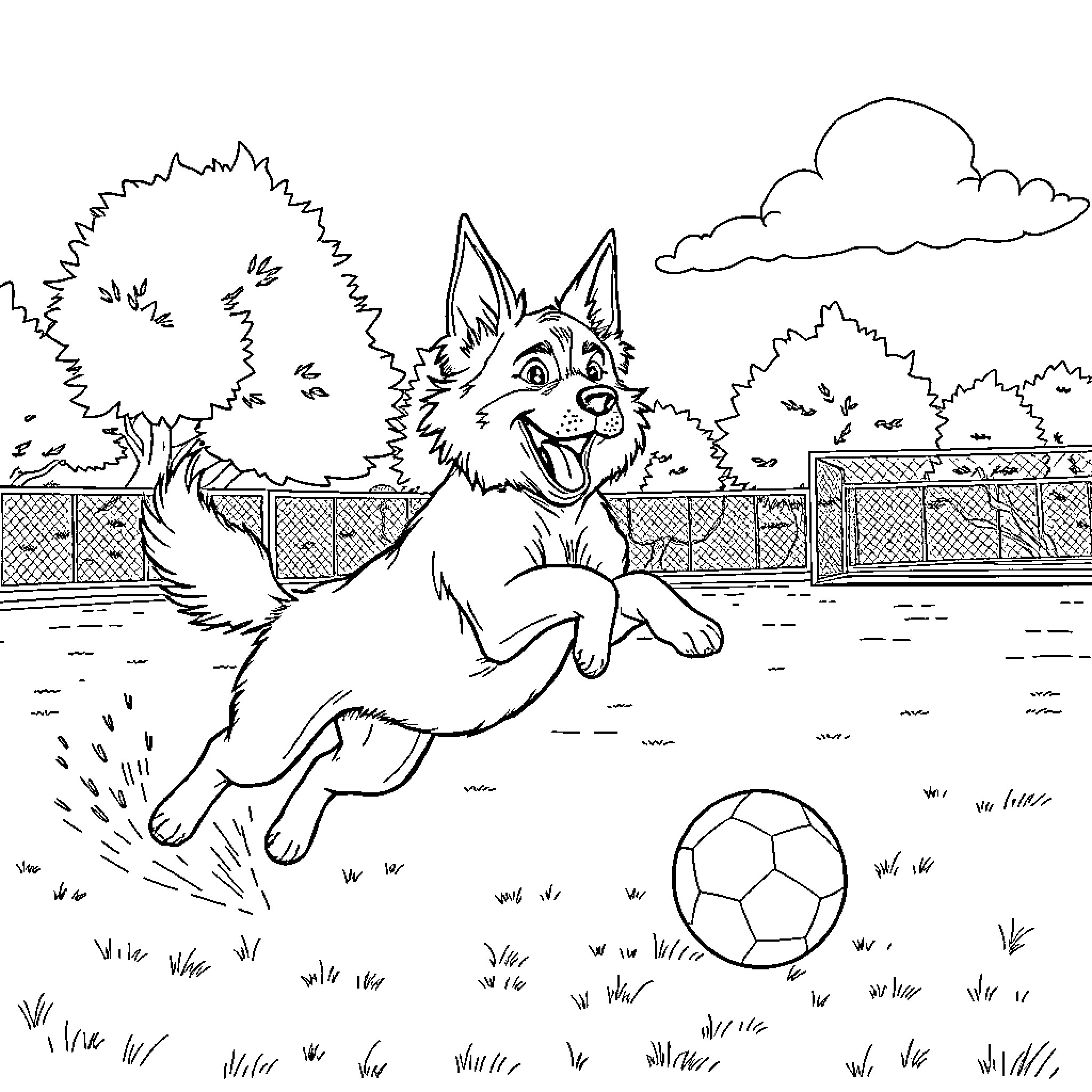 Dog playing happily with soccer ball in the park Coloring Page (free black-and-white line drawing printable PDF for all, from beginners to advanced learners, including children, teens, adults, and seniors)
