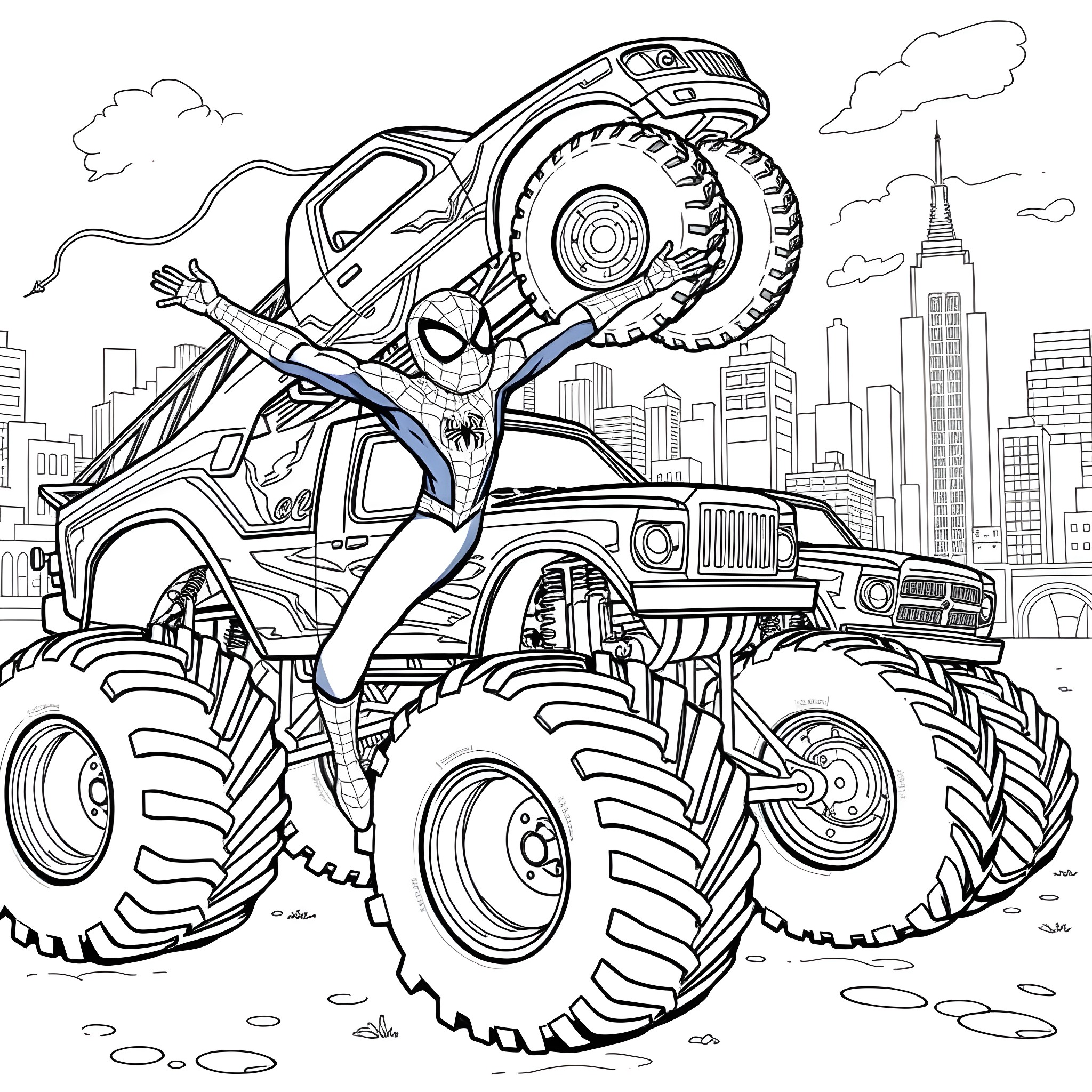 Spider-Man swinging on a massive Monster Truck in the city Coloring Page (free black-and-white line drawing printable PDF for all, from beginners to advanced learners, including children, teens, adults, and seniors)