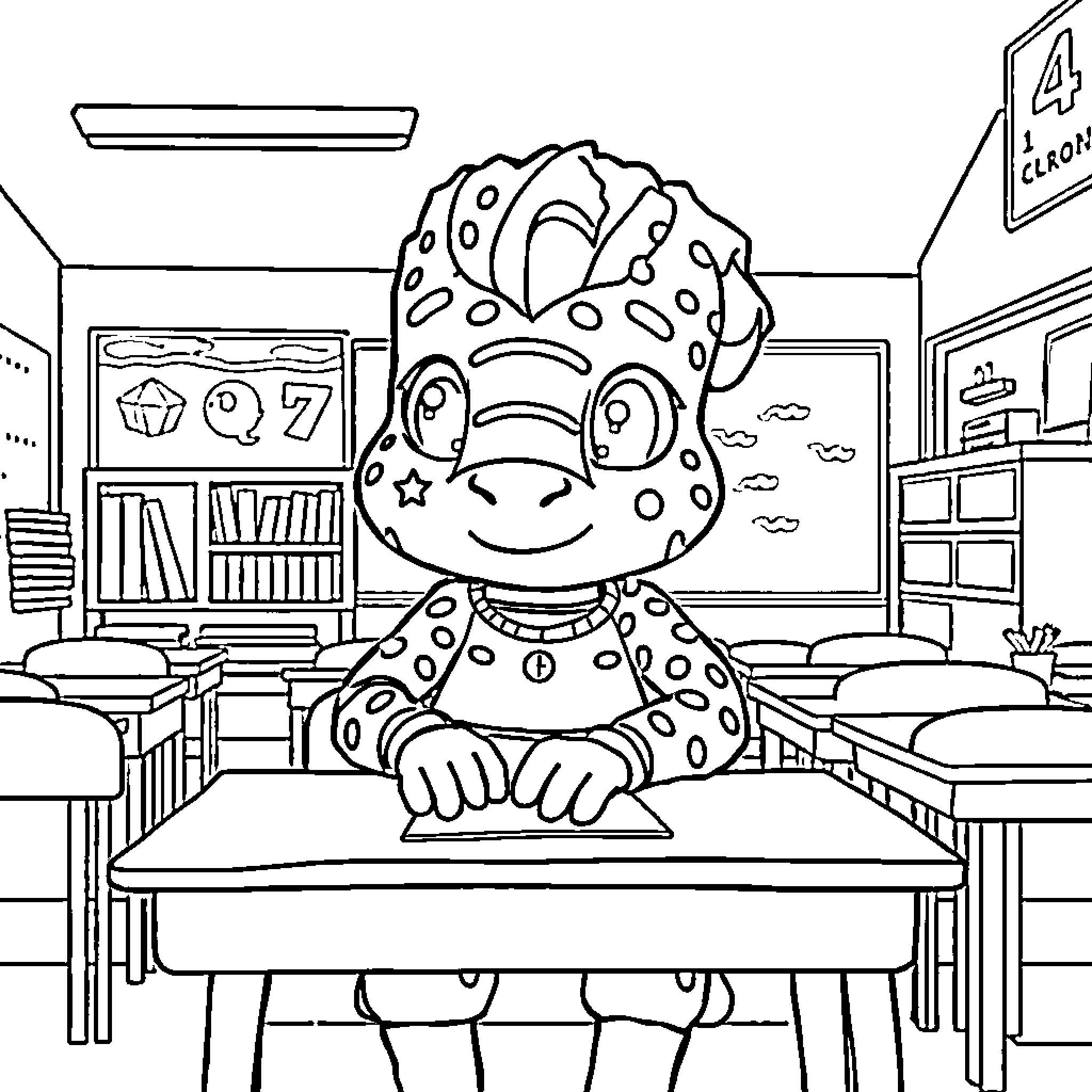 Labubu enjoying time in the classroom Coloring Page (free black-and-white line drawing printable PDF for all, from beginners to advanced learners, including children, teens, adults, and seniors)