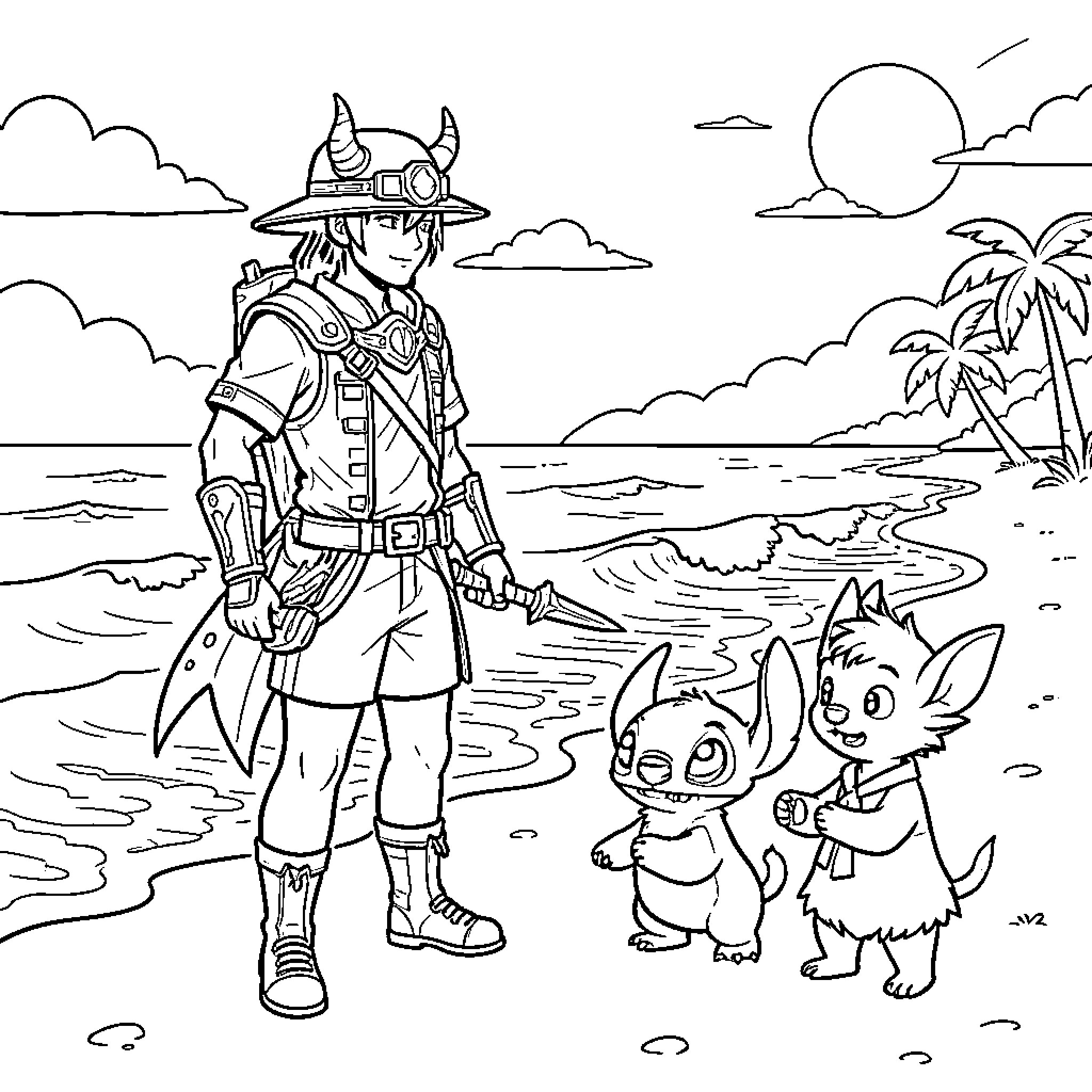Kpop Demon Hunter standing on beach with small creatures Coloring Page (free black-and-white line drawing printable PDF for all, from beginners to advanced learners, including children, teens, adults, and seniors)