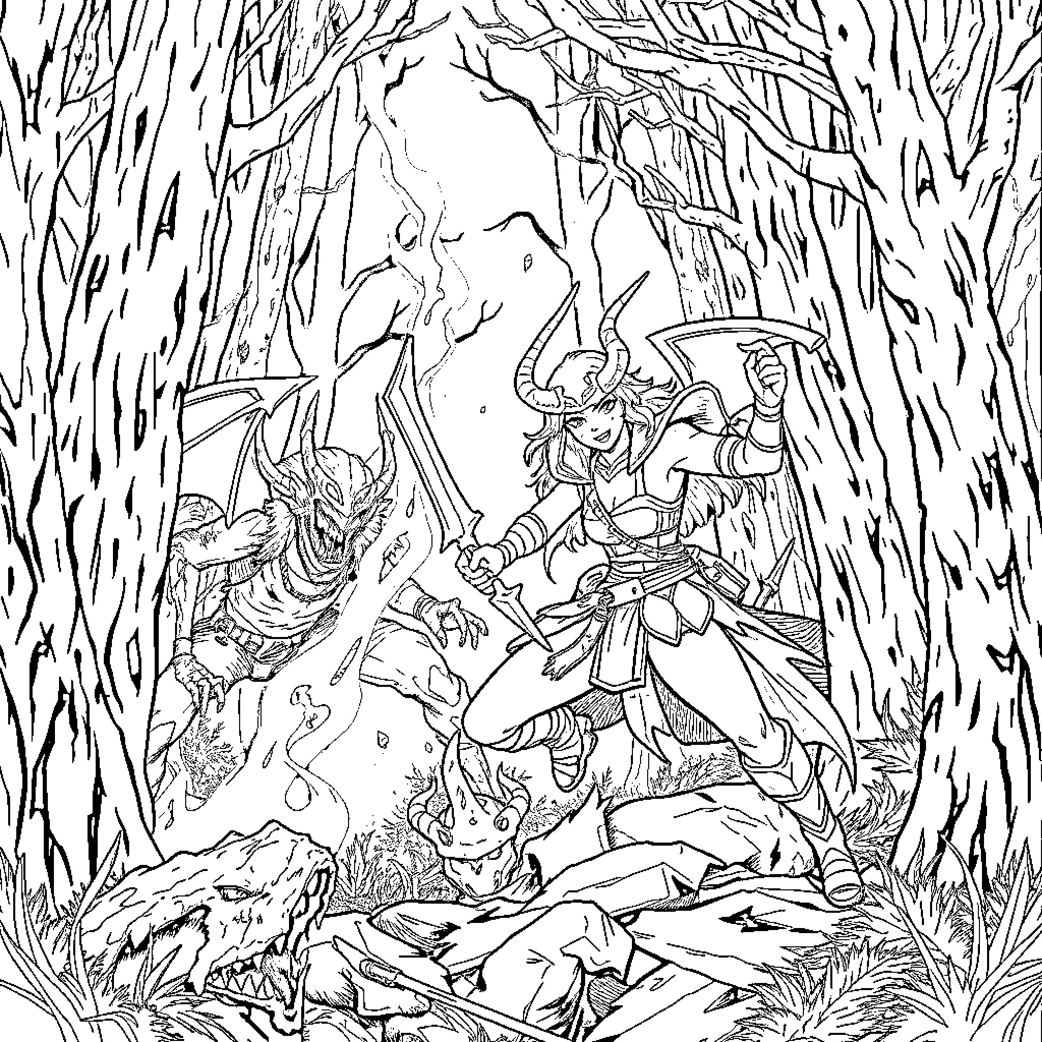 Huntrix: Warrior's Battle in the Enchanted Forest Coloring Page (free black-and-white line drawing printable PDF for all, from beginners to advanced learners, including children, teens, adults, and seniors)