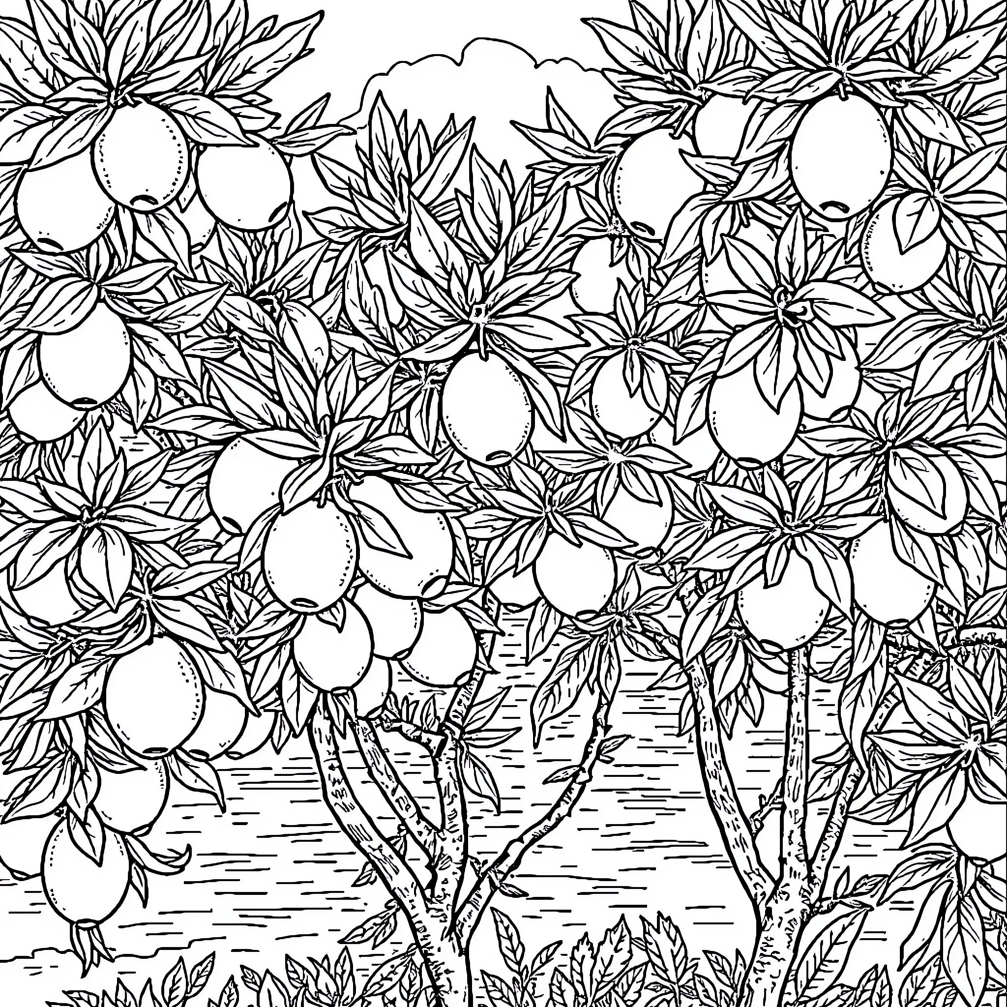 Lemon Grove Blossoms in Nature Coloring Page (free black-and-white line drawing printable PDF for all, from beginners to advanced learners, including children, teens, adults, and seniors)
