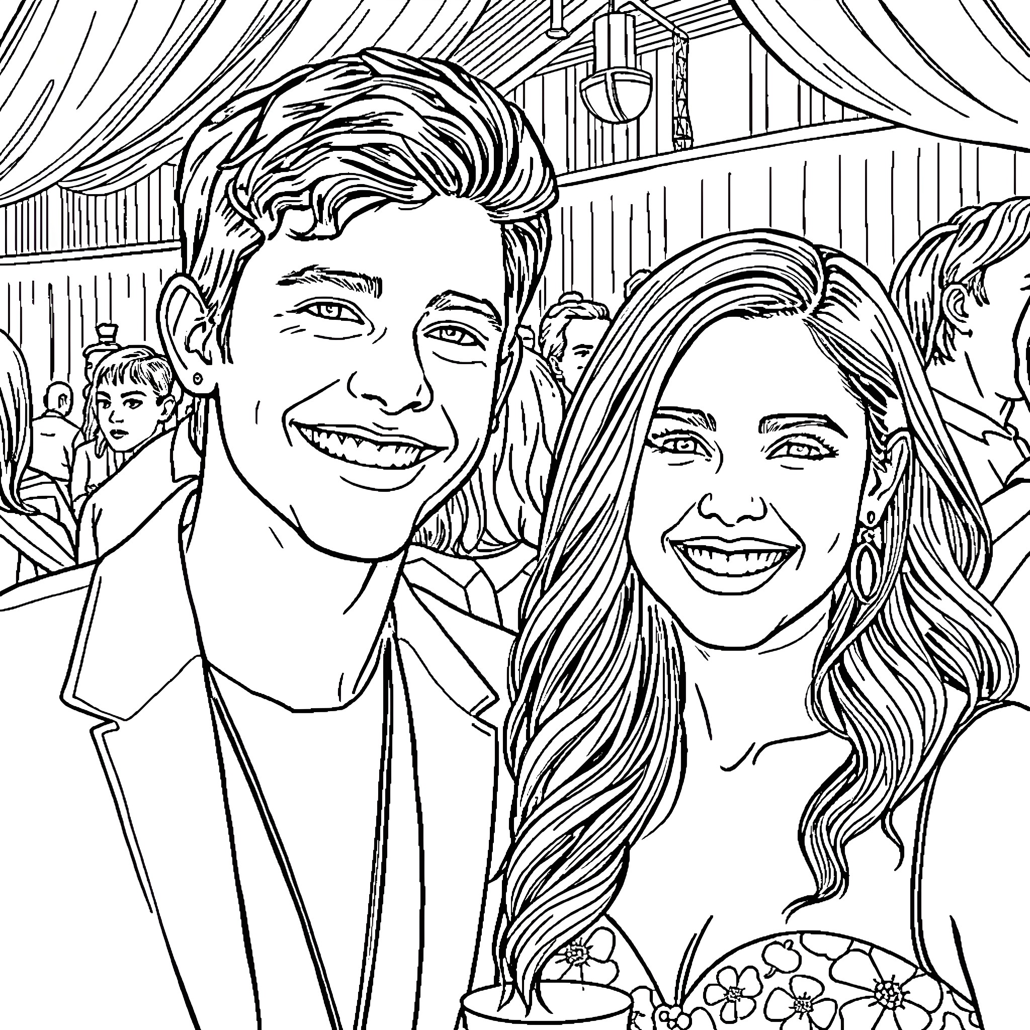 Dylan O'Brien and costar smiling happily at red carpet event Coloring Page (free black-and-white line drawing printable PDF for all, from beginners to advanced learners, including children, teens, adults, and seniors)