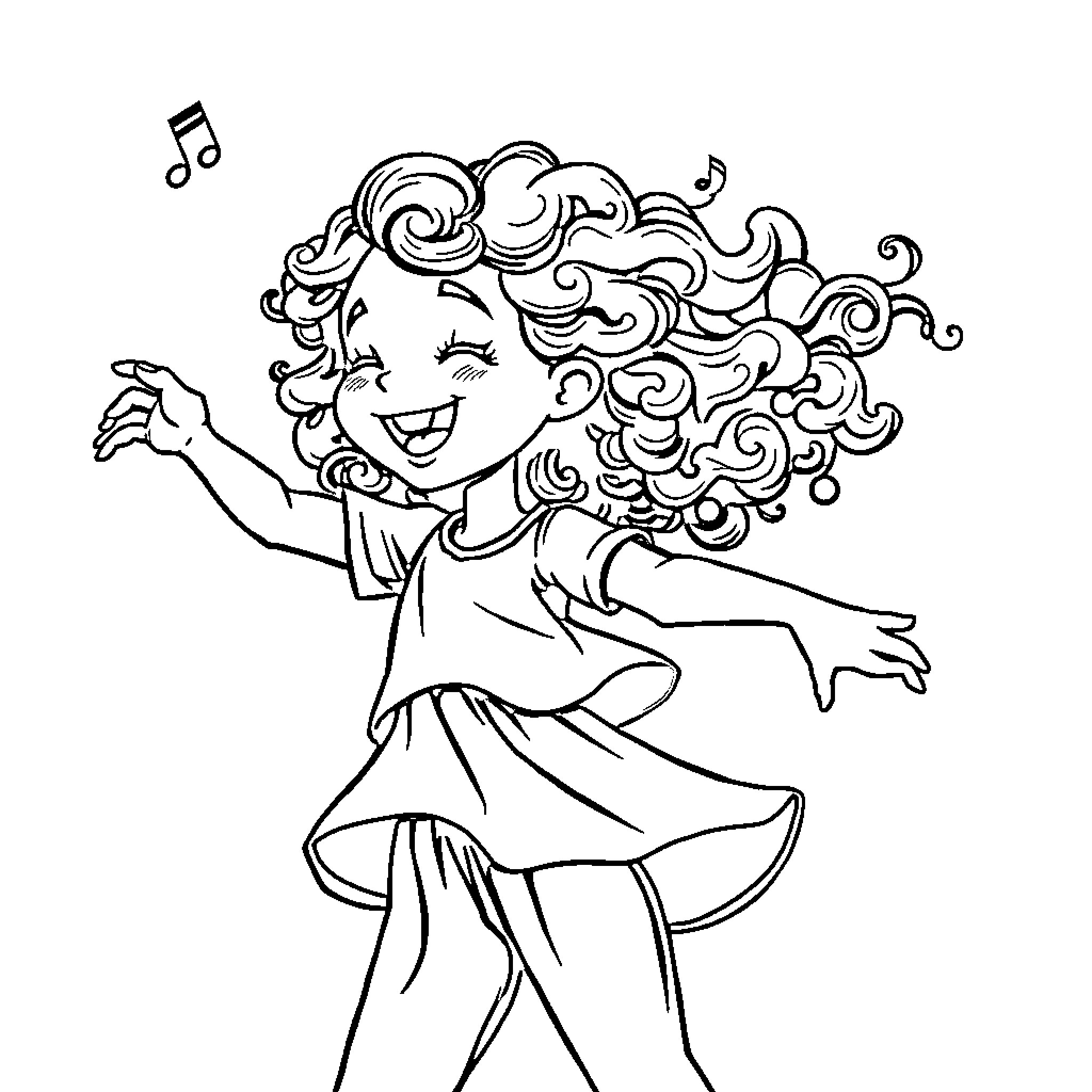 Girl happily dancing with music notes Coloring Page (free black-and-white line drawing printable PDF for all, from beginners to advanced learners, including children, teens, adults, and seniors)
