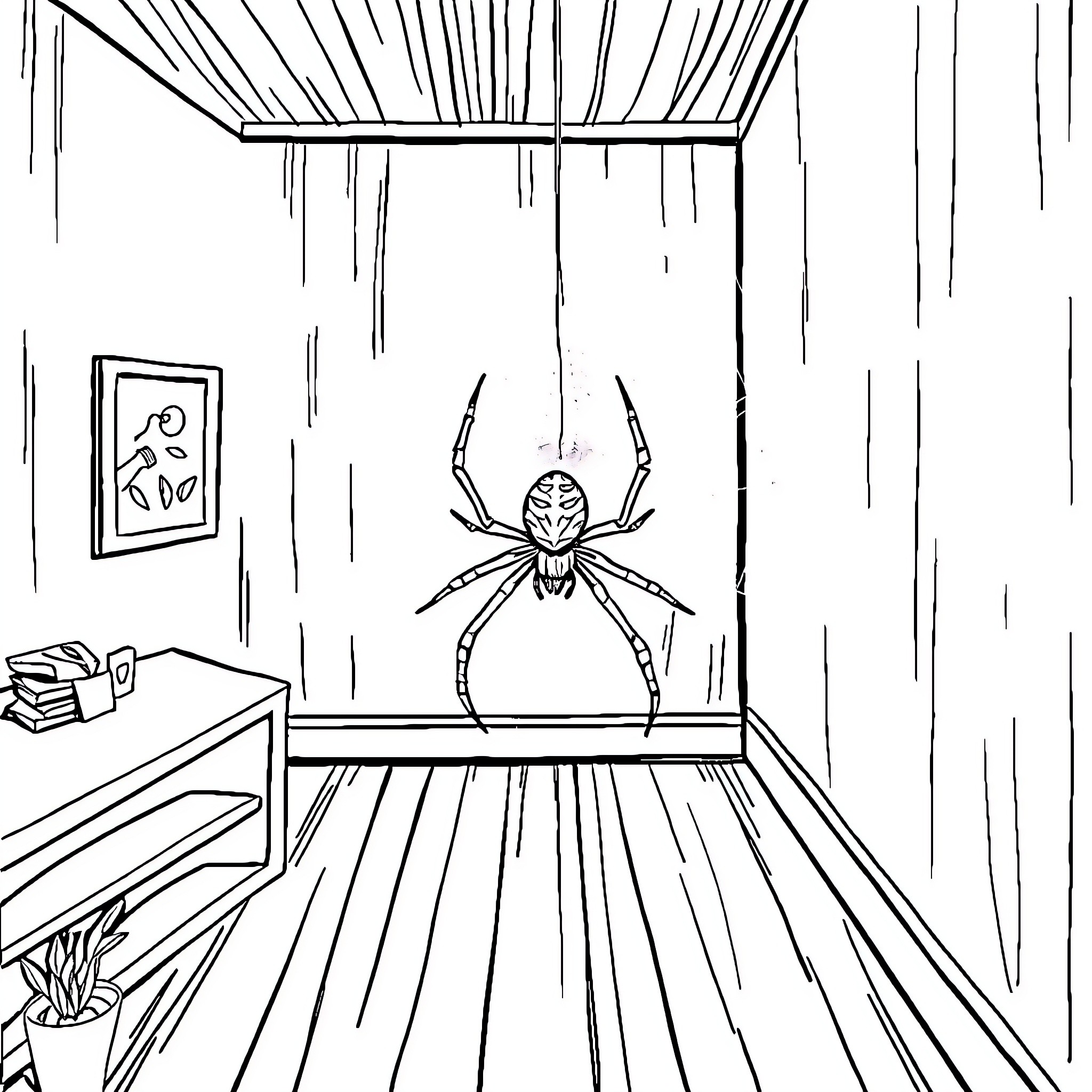 Spider crawling on wall in eerie interior Coloring Page (free black-and-white line drawing printable PDF for all, from beginners to advanced learners, including children, teens, adults, and seniors)