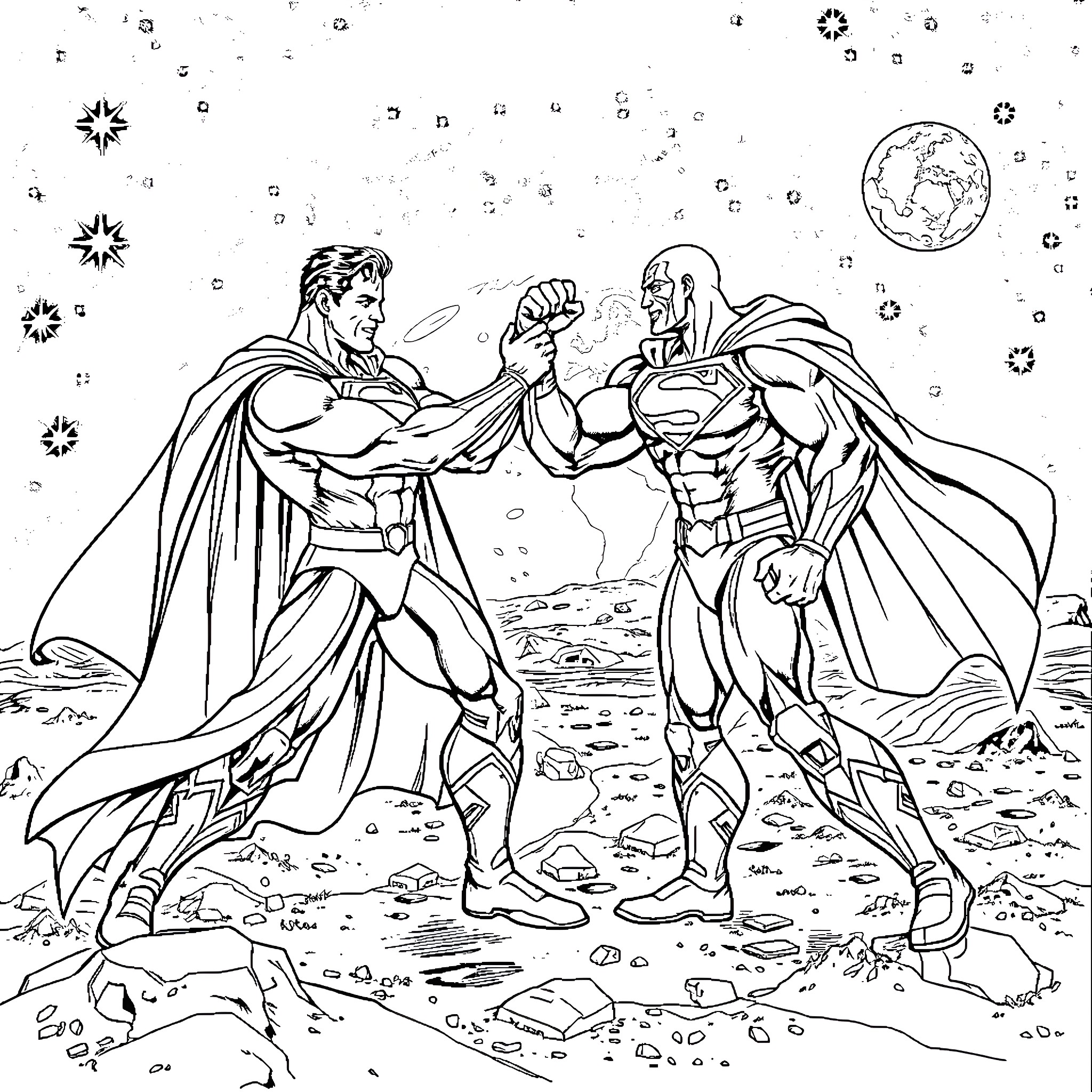 Superman and Archenemy in Epic Confrontation Coloring Page (free black-and-white line drawing printable PDF for all, from beginners to advanced learners, including children, teens, adults, and seniors)