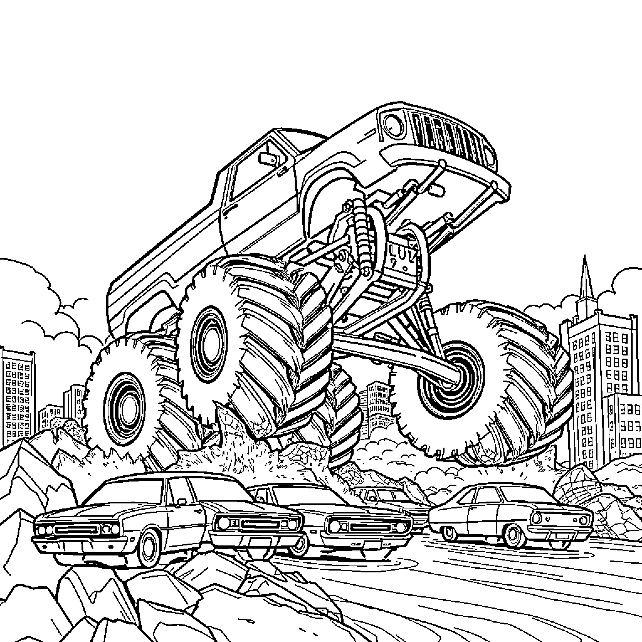 Monster Truck Crushing Cars in a City Landscape Coloring Page (free black-and-white line drawing printable PDF for all, from beginners to advanced learners, including children, teens, adults, and seniors)