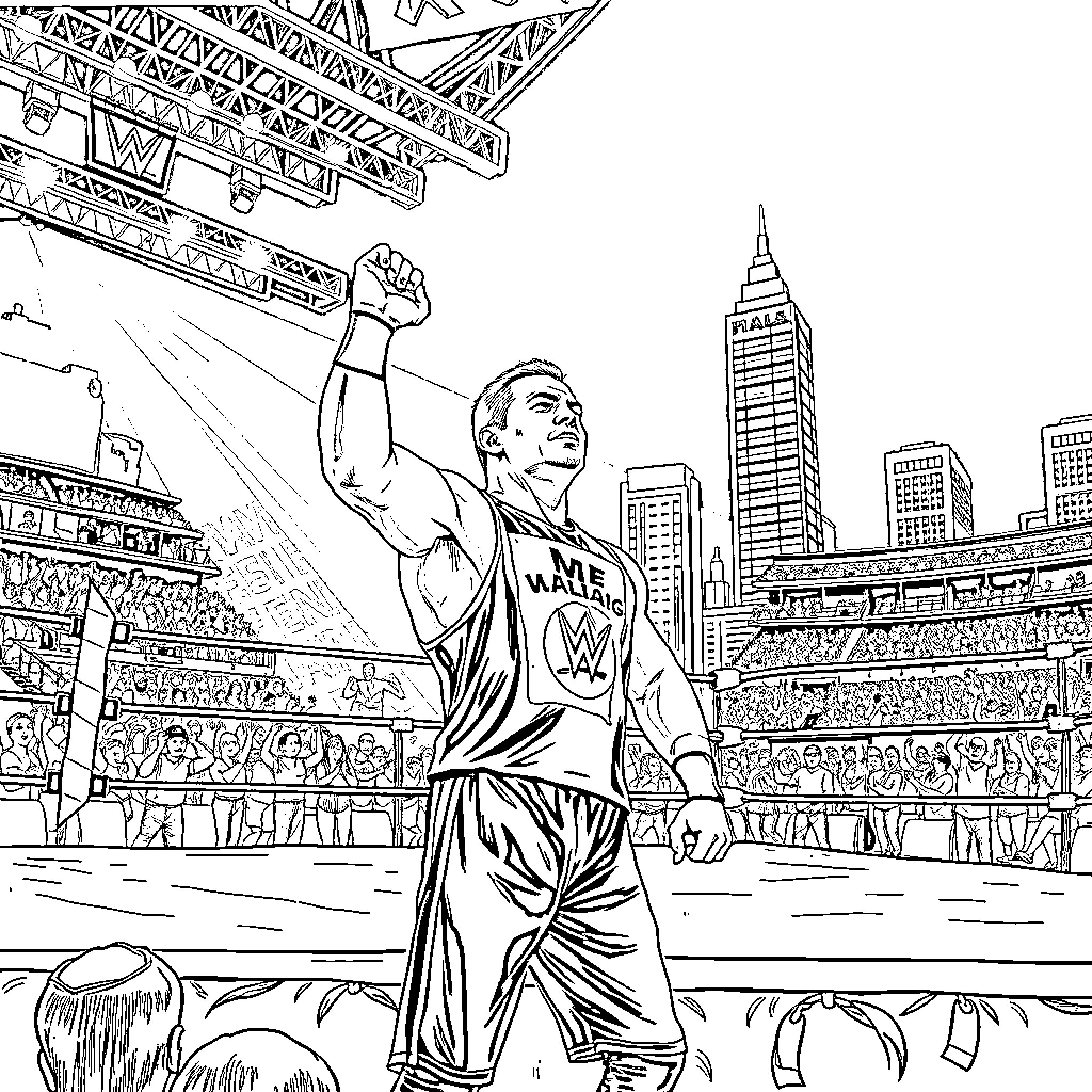John Cena Performing in Wrestling Match at Stadium Coloring Page (free black-and-white line drawing printable PDF for all, from beginners to advanced learners, including children, teens, adults, and seniors)
