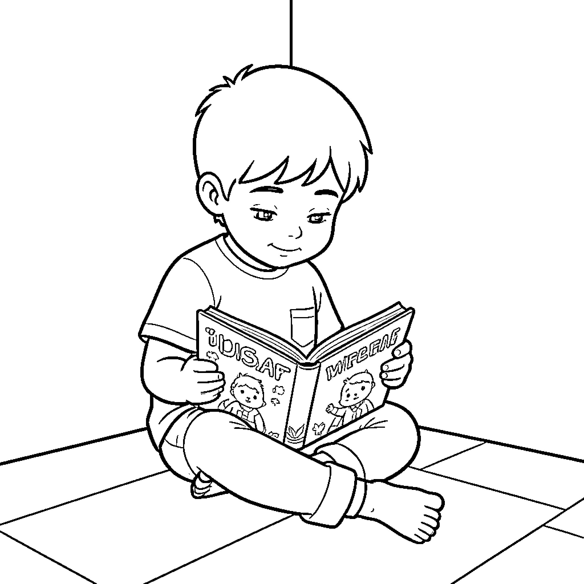 Child reading book intently on floor Coloring Page (free black-and-white line drawing printable PDF for all, from beginners to advanced learners, including children, teens, adults, and seniors)