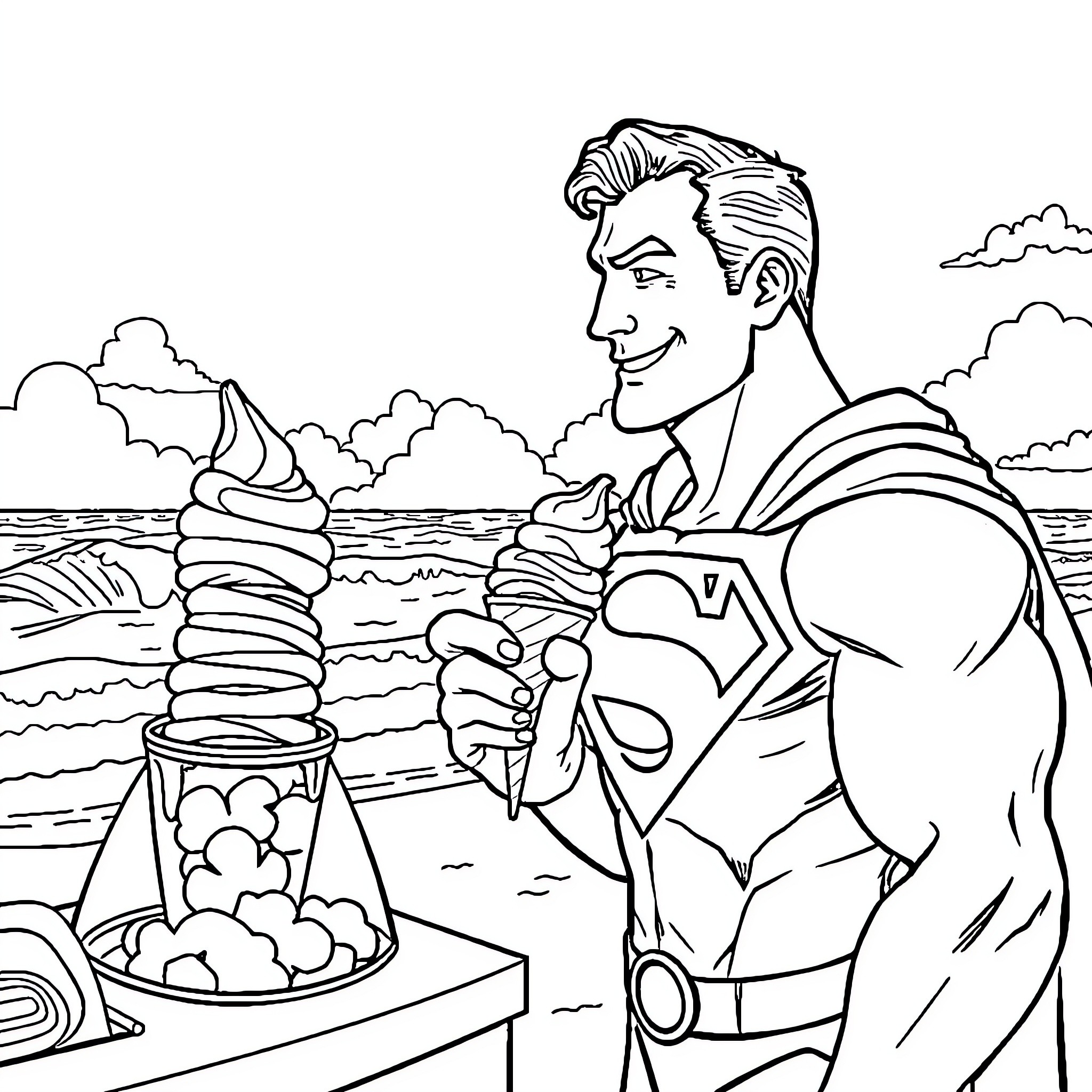 Superman enjoying a seaside snack on the beach Coloring Page (free black-and-white line drawing printable PDF for all, from beginners to advanced learners, including children, teens, adults, and seniors)