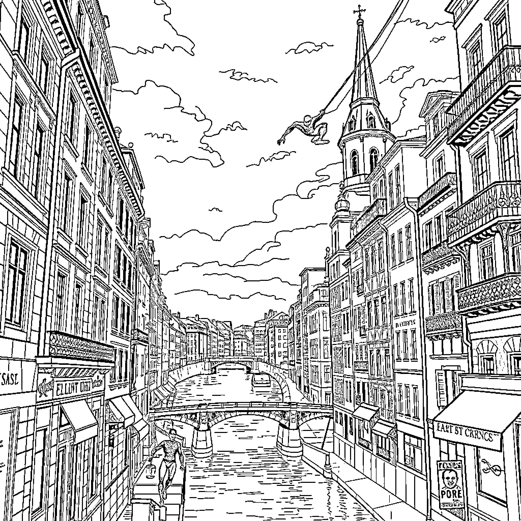 Spiderman swinging through the streets of a European city Coloring Page (free black-and-white line drawing printable PDF for all, from beginners to advanced learners, including children, teens, adults, and seniors)