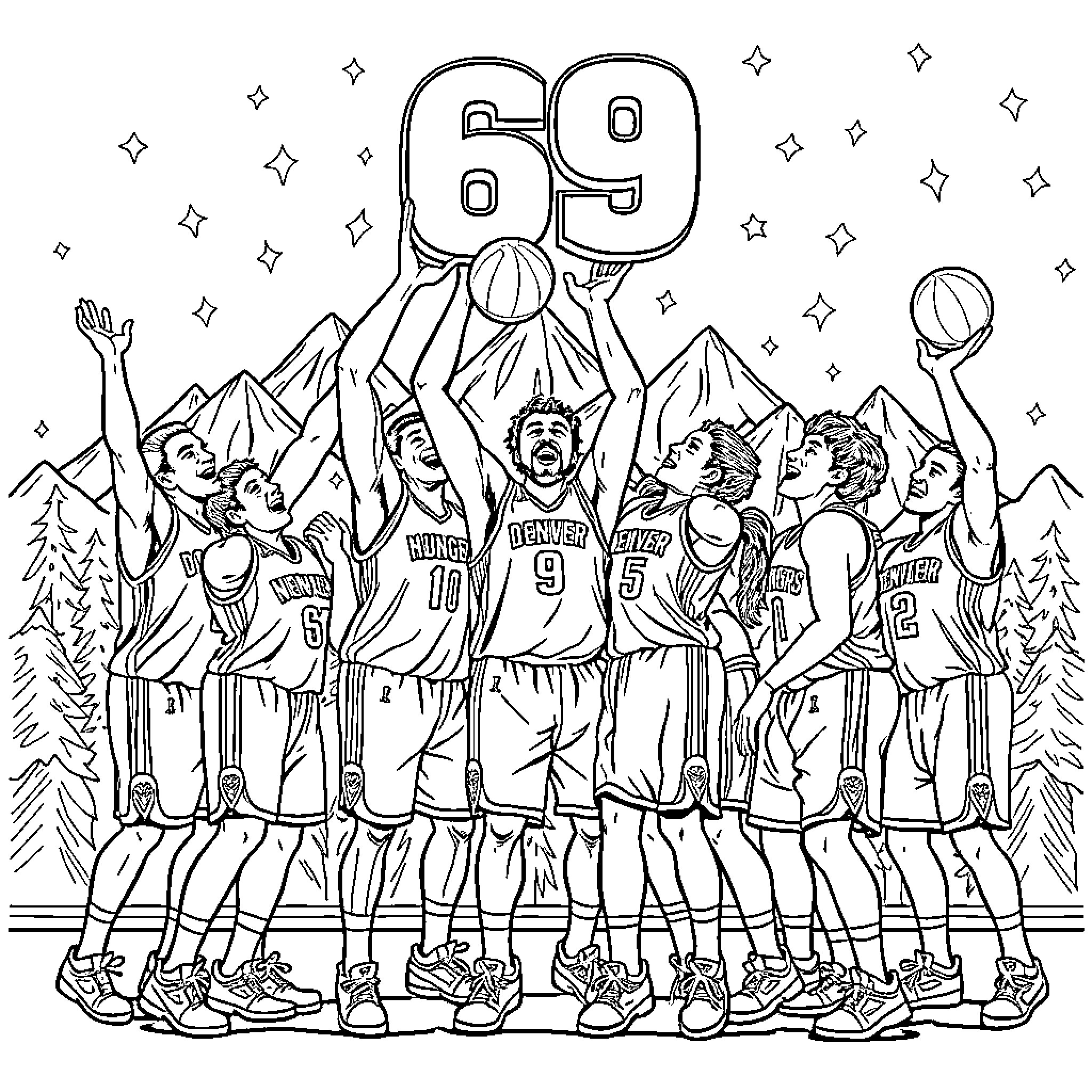 Nugget Basketball Team Celebrates Victory Coloring Page (free black-and-white line drawing printable PDF for all, from beginners to advanced learners, including children, teens, adults, and seniors)