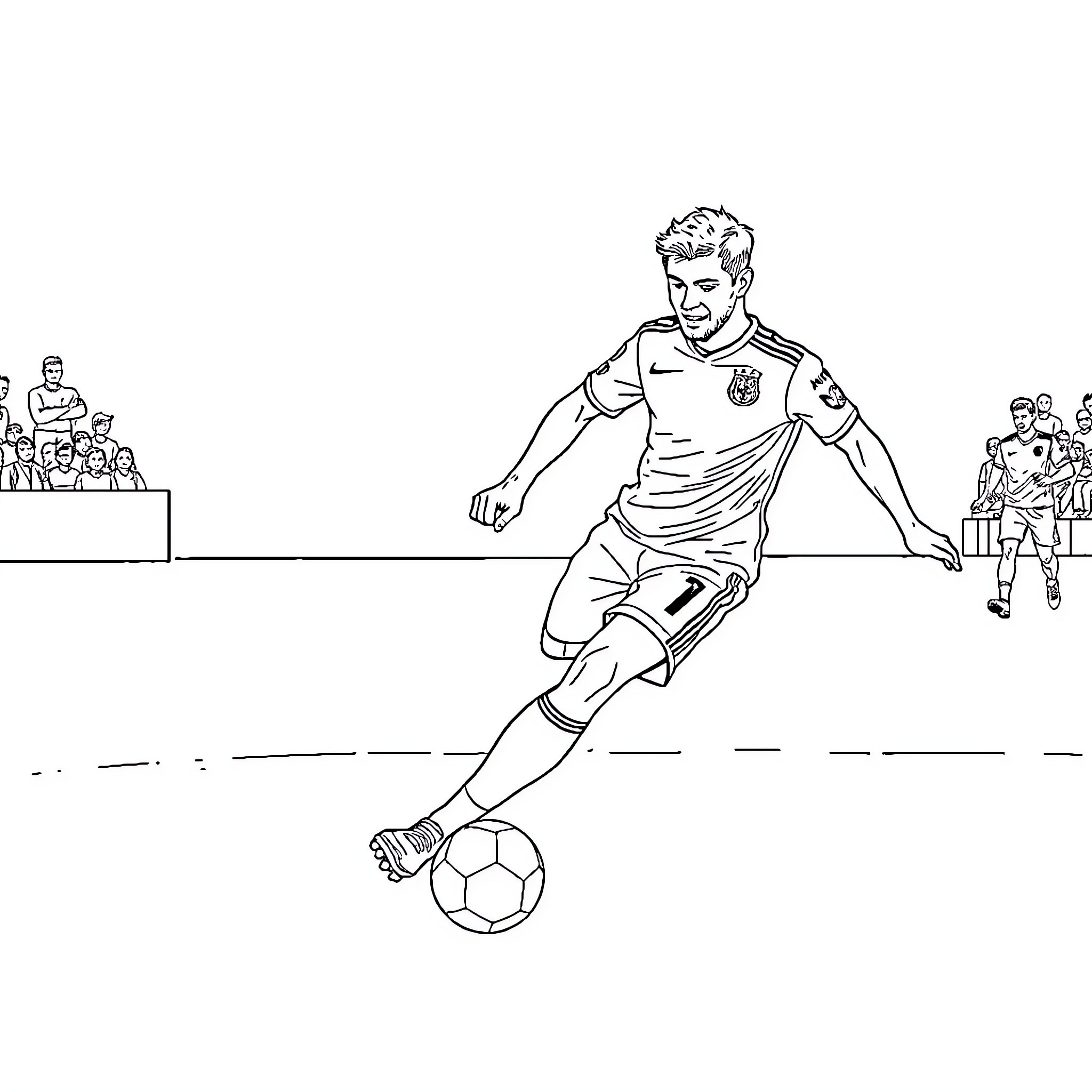 Football player dribbling ball on field Coloring Page (free black-and-white line drawing printable PDF for all, from beginners to advanced learners, including children, teens, adults, and seniors)