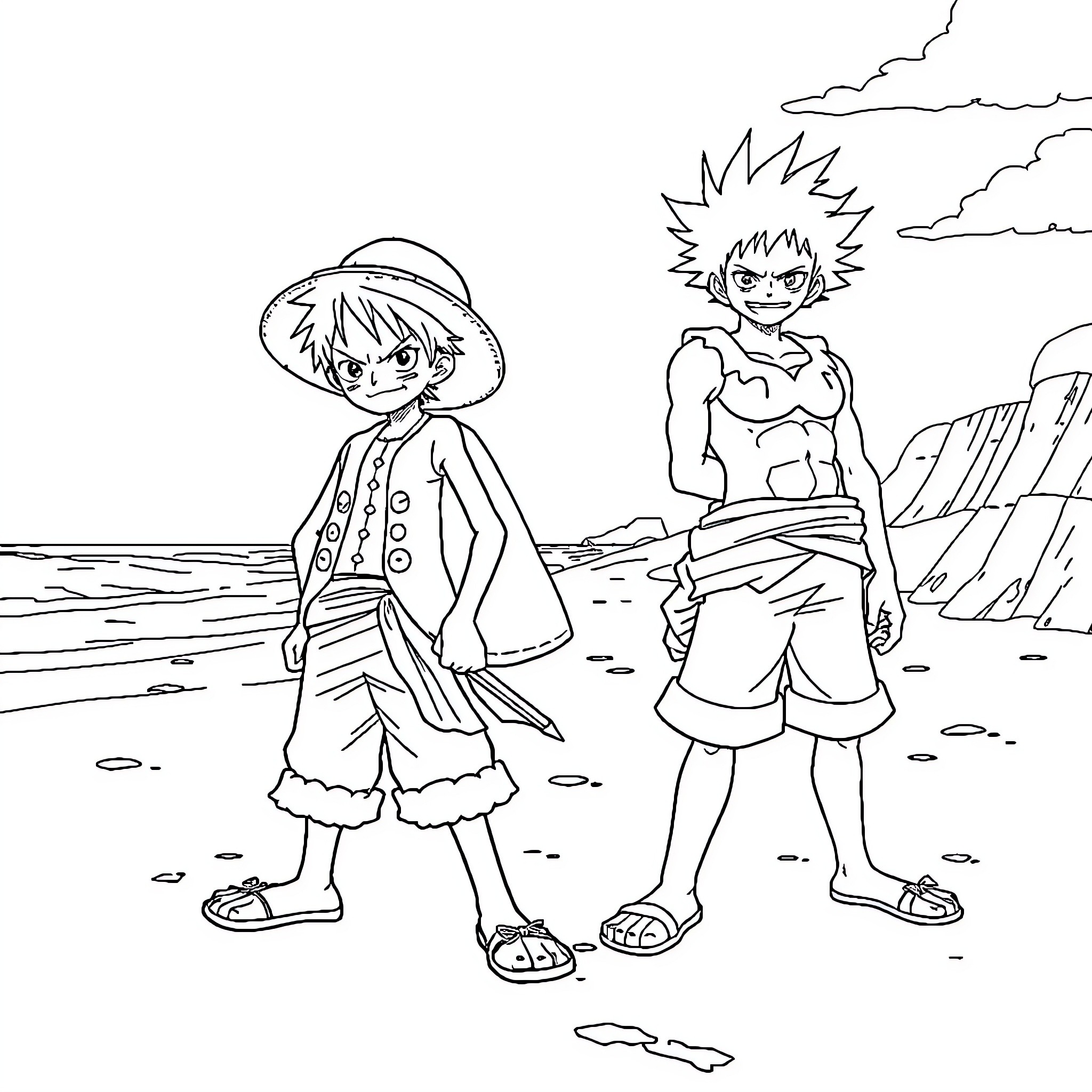 One Piece Characters on a Beach Adventure Coloring Page (free black-and-white line drawing printable PDF for all, from beginners to advanced learners, including children, teens, adults, and seniors)