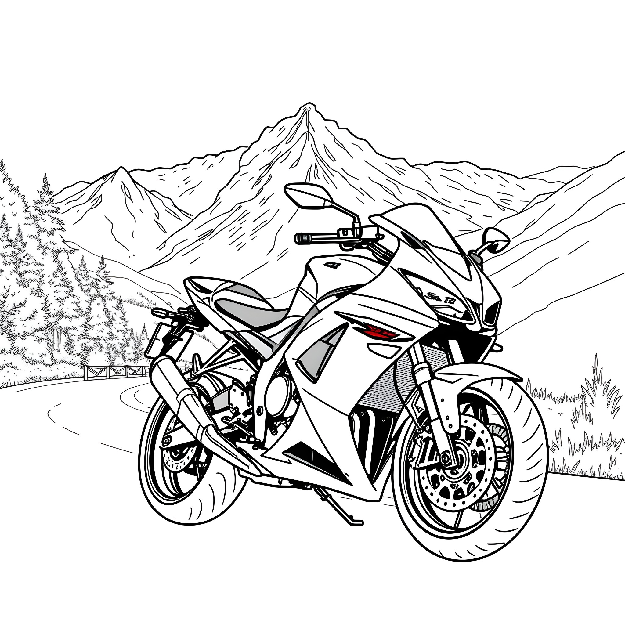 Gsxr 750 speeding through mountain roads Coloring Page (free black-and-white line drawing printable PDF for all, from beginners to advanced learners, including children, teens, adults, and seniors)