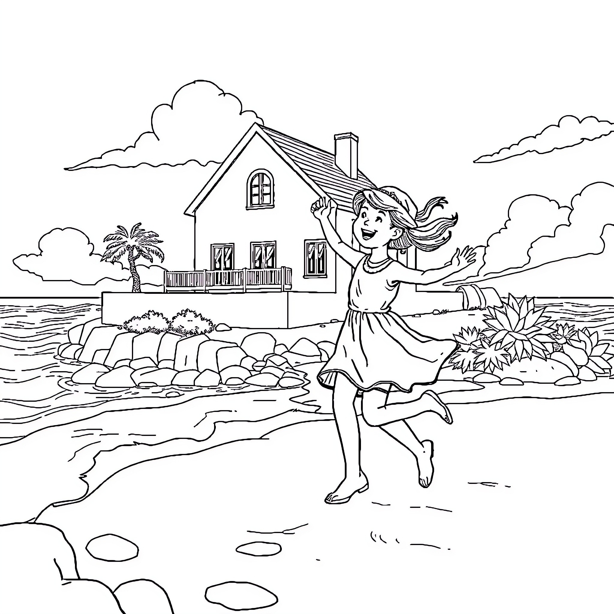 Child running joyfully in a seaside landscape Coloring Page (free black-and-white line drawing printable PDF for all, from beginners to advanced learners, including children, teens, adults, and seniors)