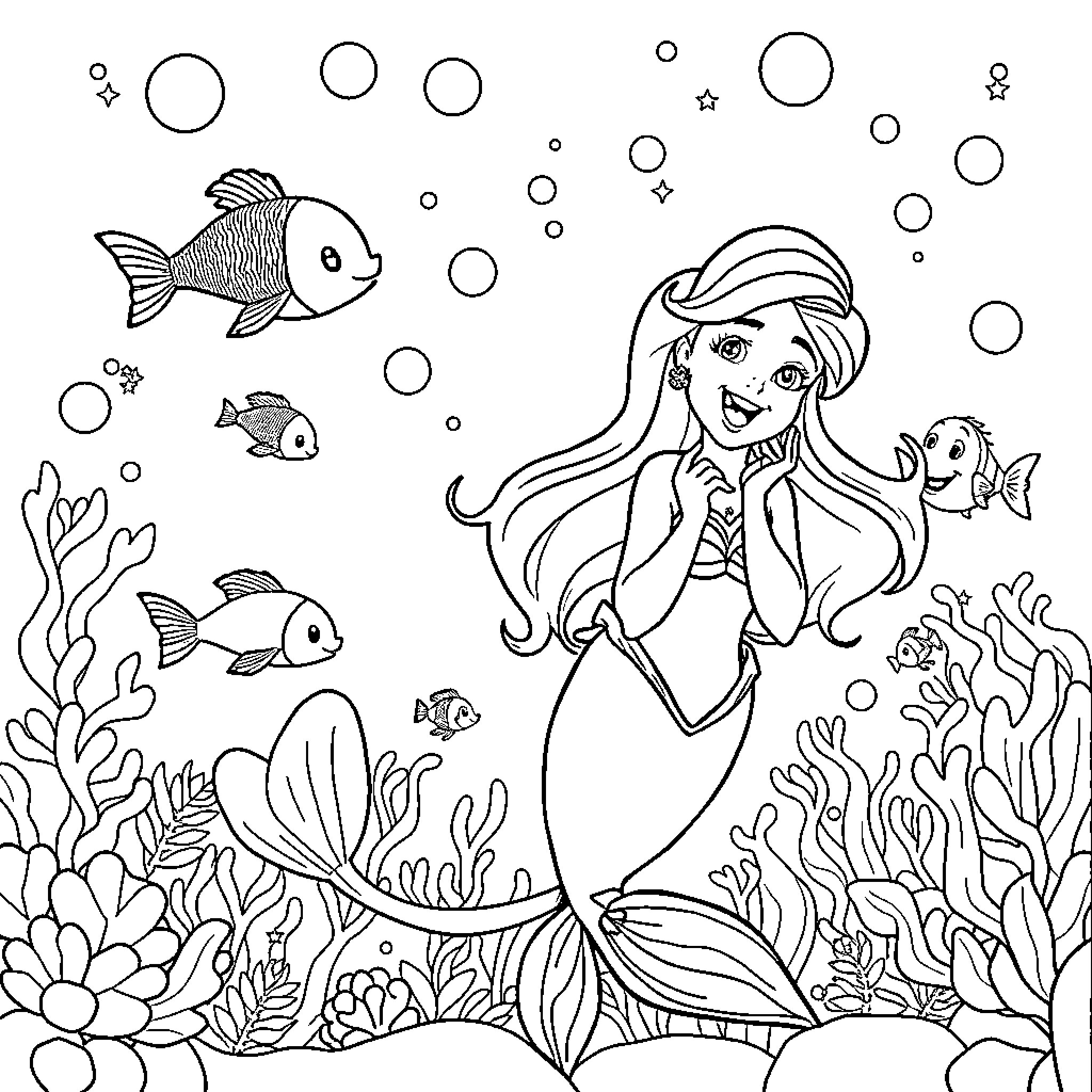 Ariel exploring the underwater world with marine life Coloring Page (free black-and-white line drawing printable PDF for all, from beginners to advanced learners, including children, teens, adults, and seniors)