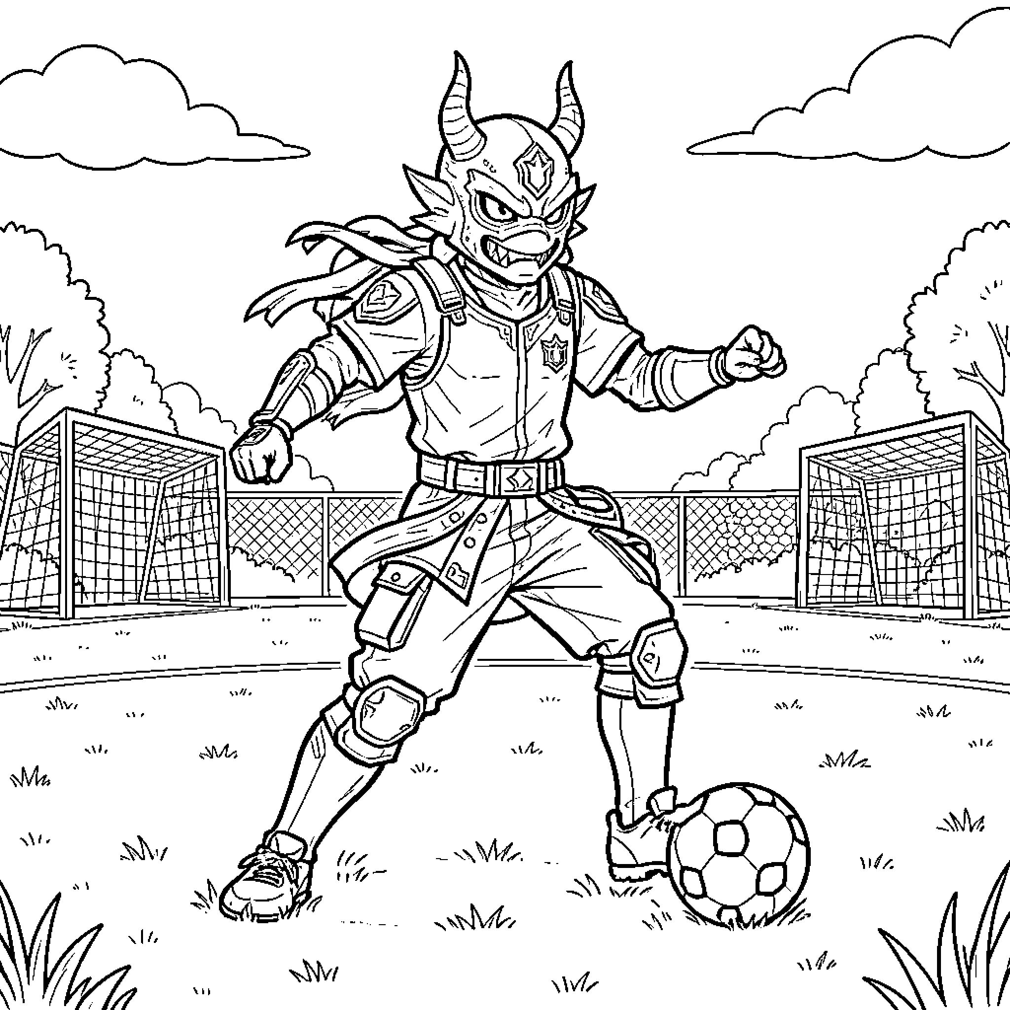 Demon character playing soccer on a field Coloring Page (free black-and-white line drawing printable PDF for all, from beginners to advanced learners, including children, teens, adults, and seniors)