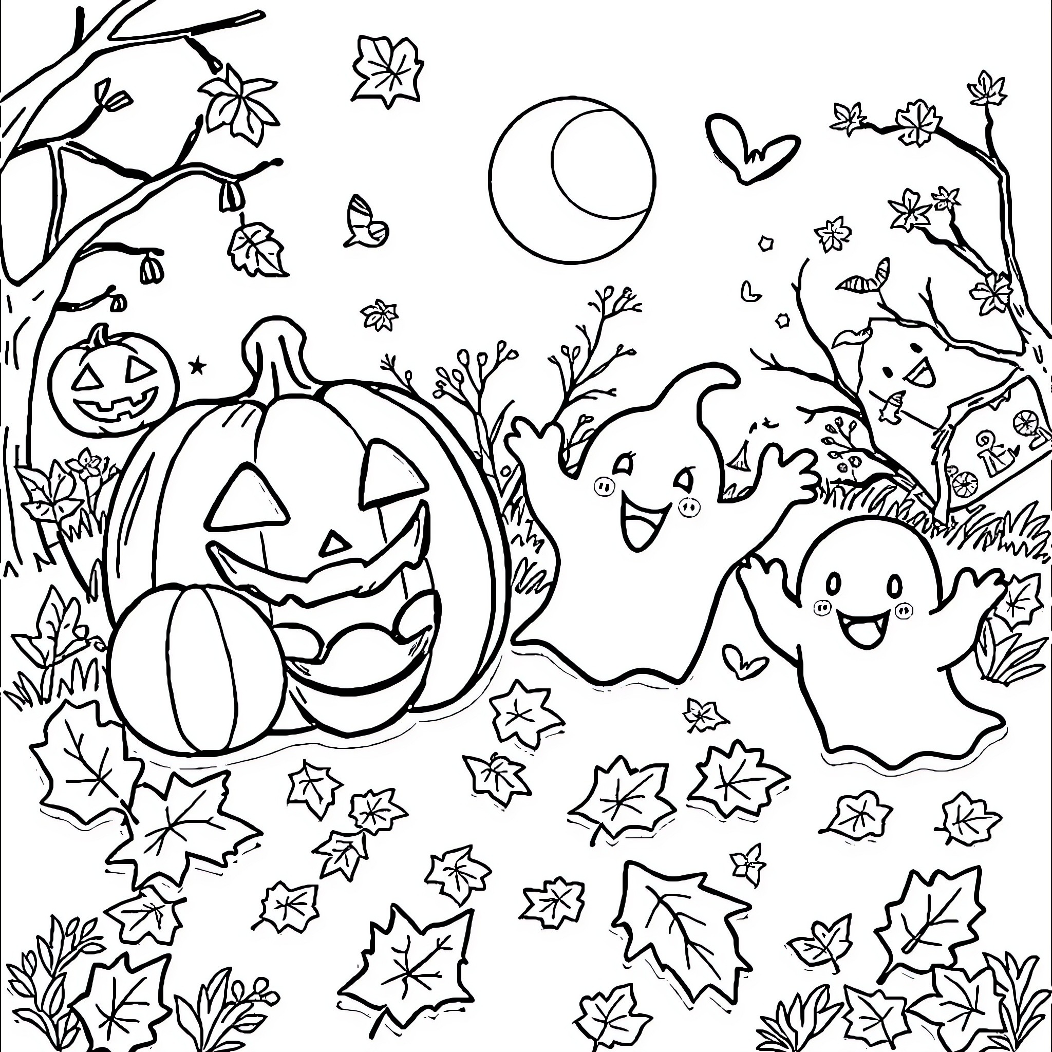 Halloween scene with pumpkins and ghosts Coloring Page (free black-and-white line drawing printable PDF for all, from beginners to advanced learners, including children, teens, adults, and seniors)