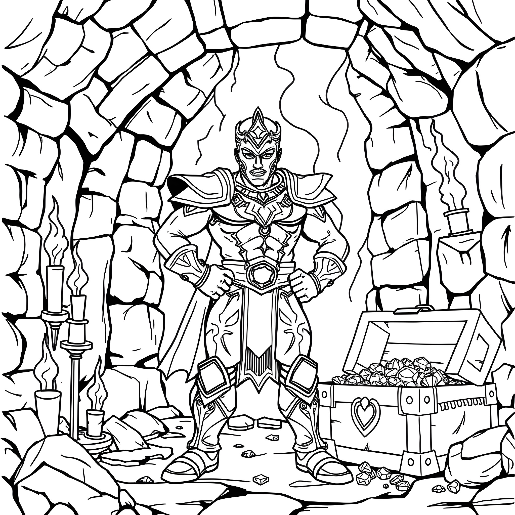 Luchador in a Ruined Cave with Treasure Coloring Page (free black-and-white line drawing printable PDF for all, from beginners to advanced learners, including children, teens, adults, and seniors)