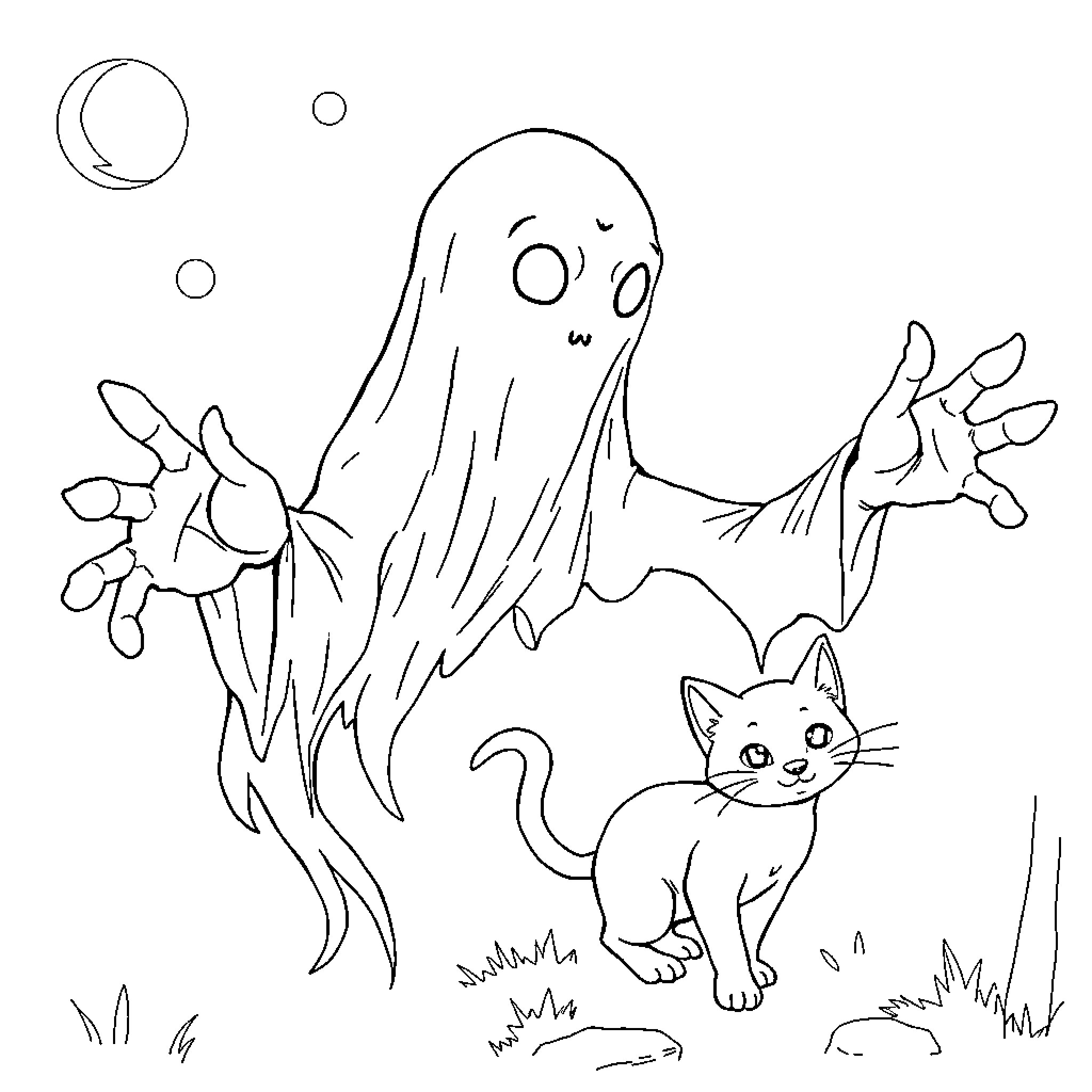 Ghost playfully interacting with curious cat Coloring Page (free black-and-white line drawing printable PDF for all, from beginners to advanced learners, including children, teens, adults, and seniors)