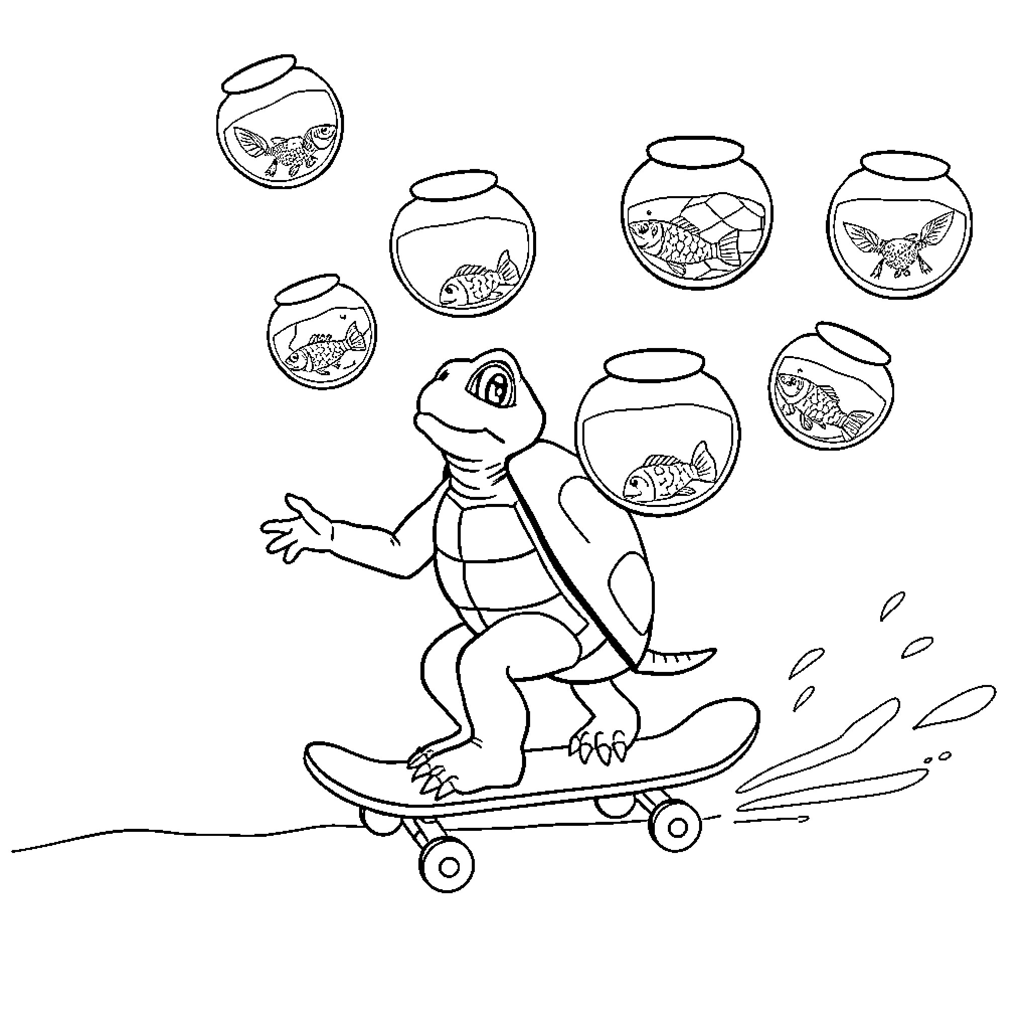 Turtle skateboarding among fish bowls Coloring Page (free black-and-white line drawing printable PDF for all, from beginners to advanced learners, including children, teens, adults, and seniors)