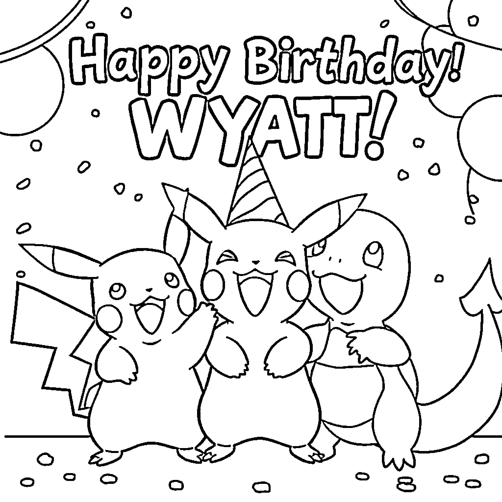 Pikachu and friends celebrate happy birthday Coloring Page (free black-and-white line drawing printable PDF for all, from beginners to advanced learners, including children, teens, adults, and seniors)